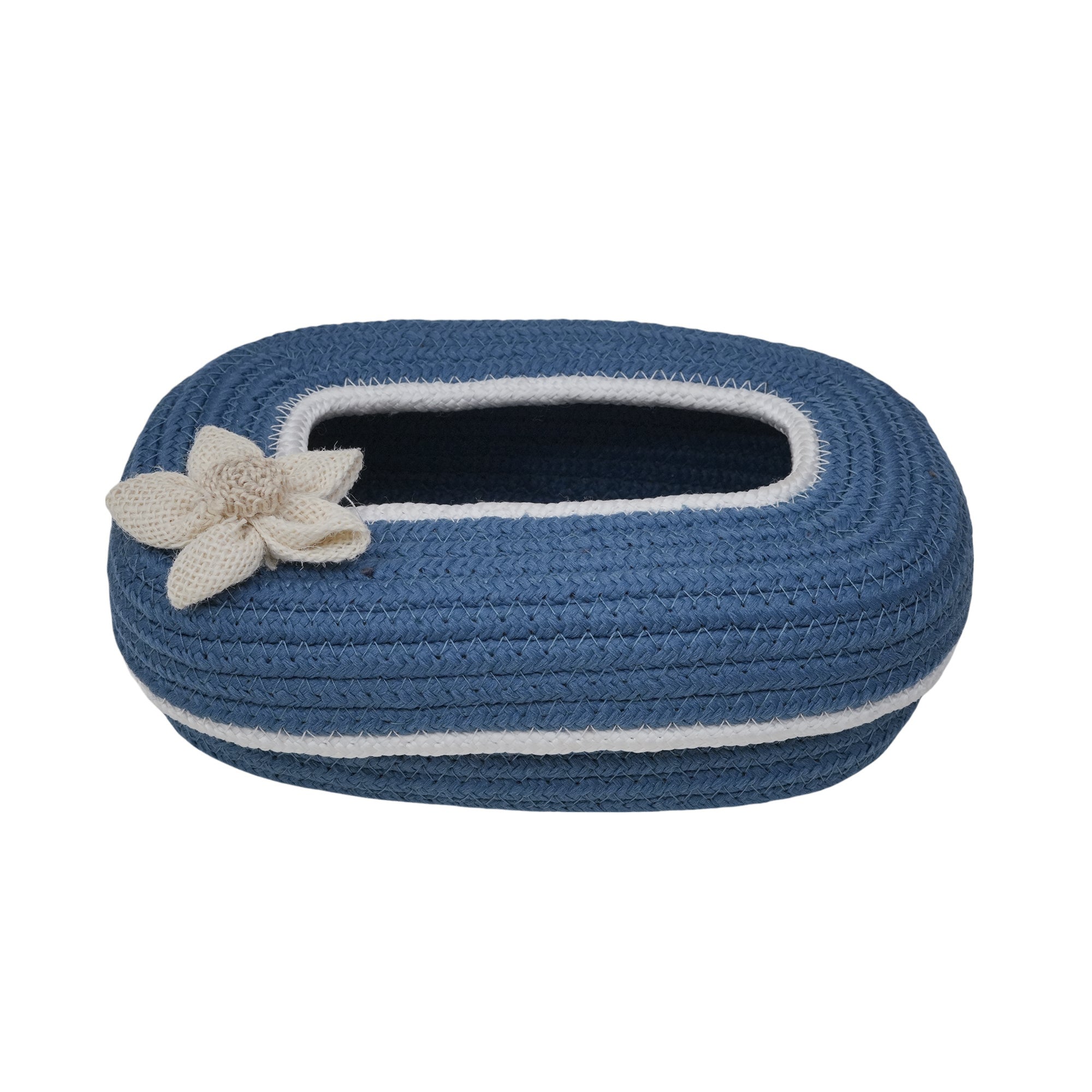 Ariya Blue White Line Tissue Box With White Flower Elegant Durable Holder