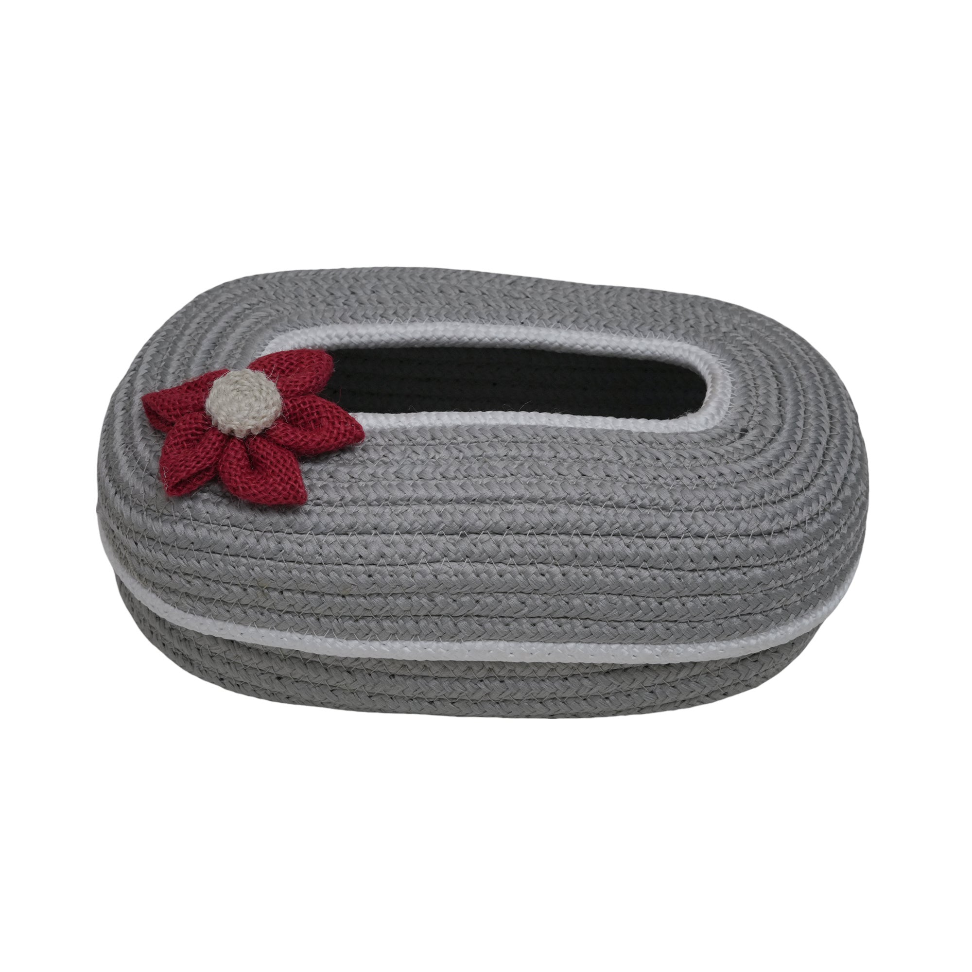 Ariya Light Grey White Line Tissue Box With Red Flower | Elegant Durable Holder