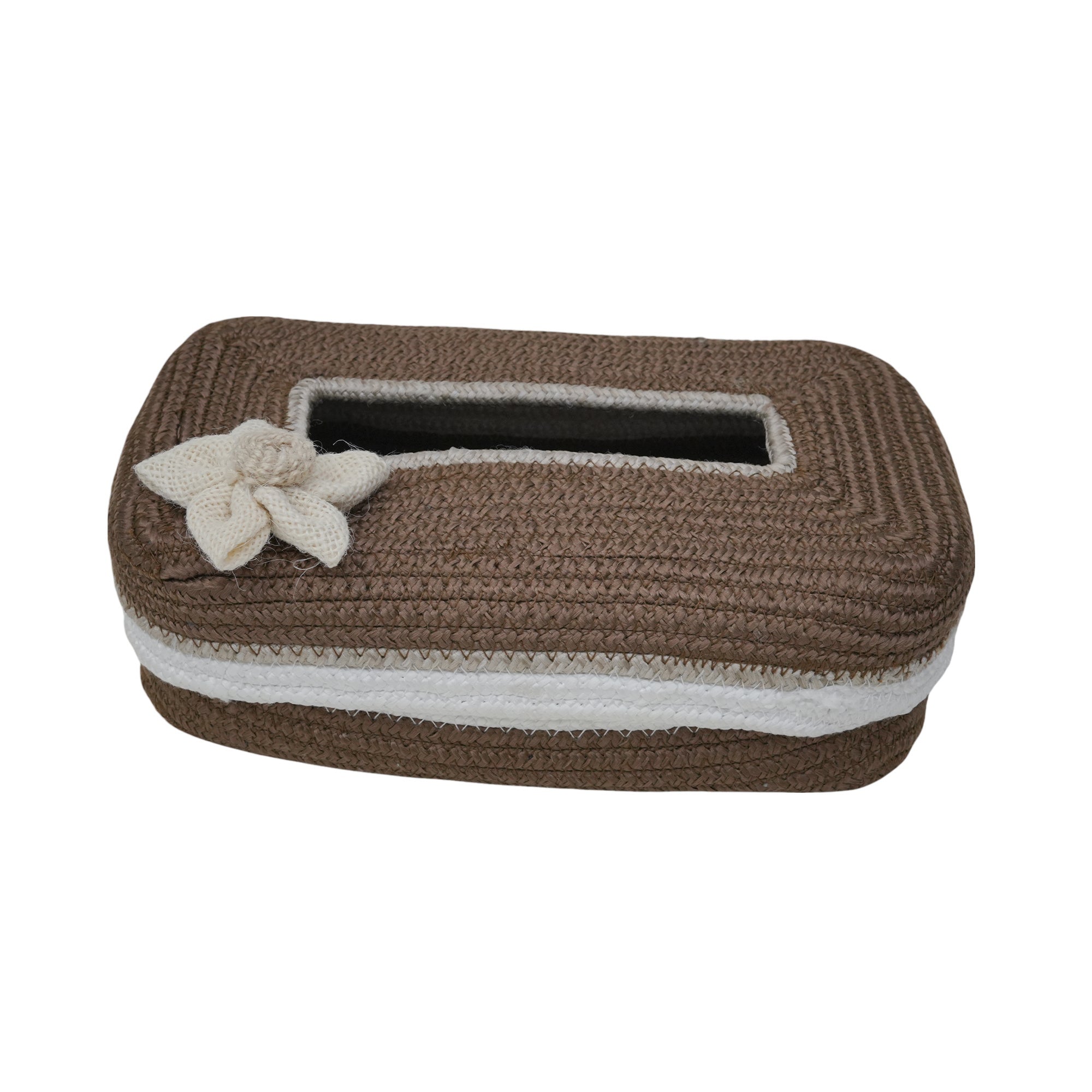 Ariya Beige White Line Tissue Box With White Flower | Rectangular Durable Holder