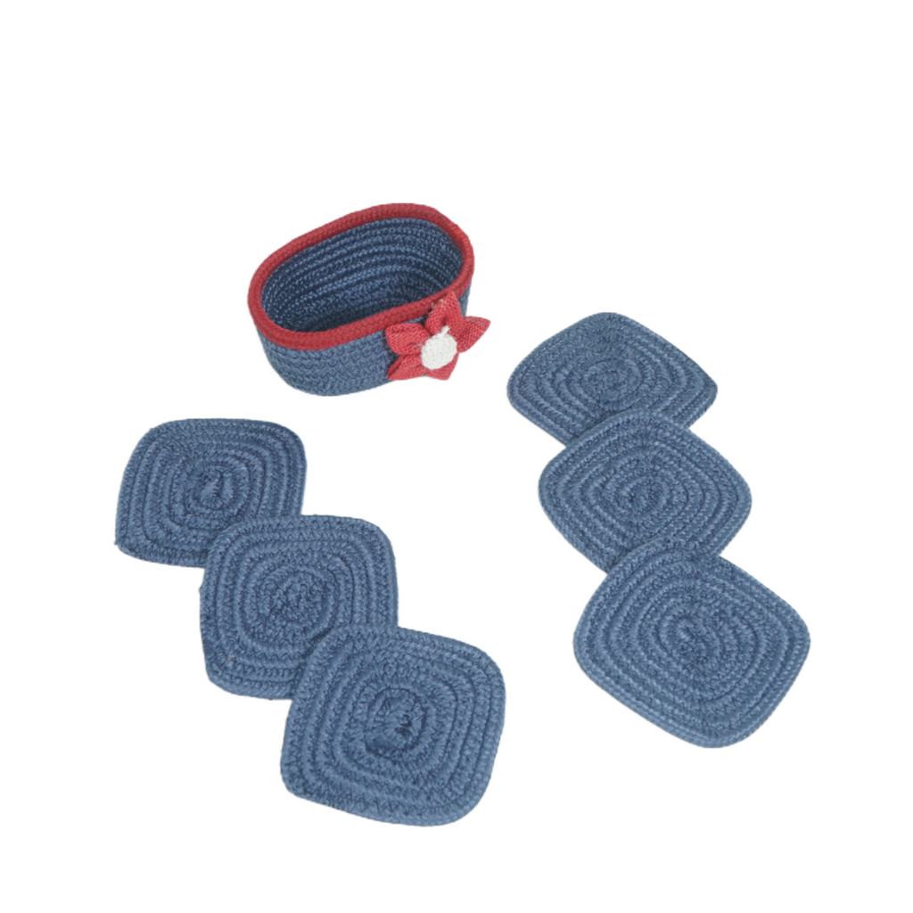 Cotton Coasters Set of 6 - Blue Red Line With Red Flower