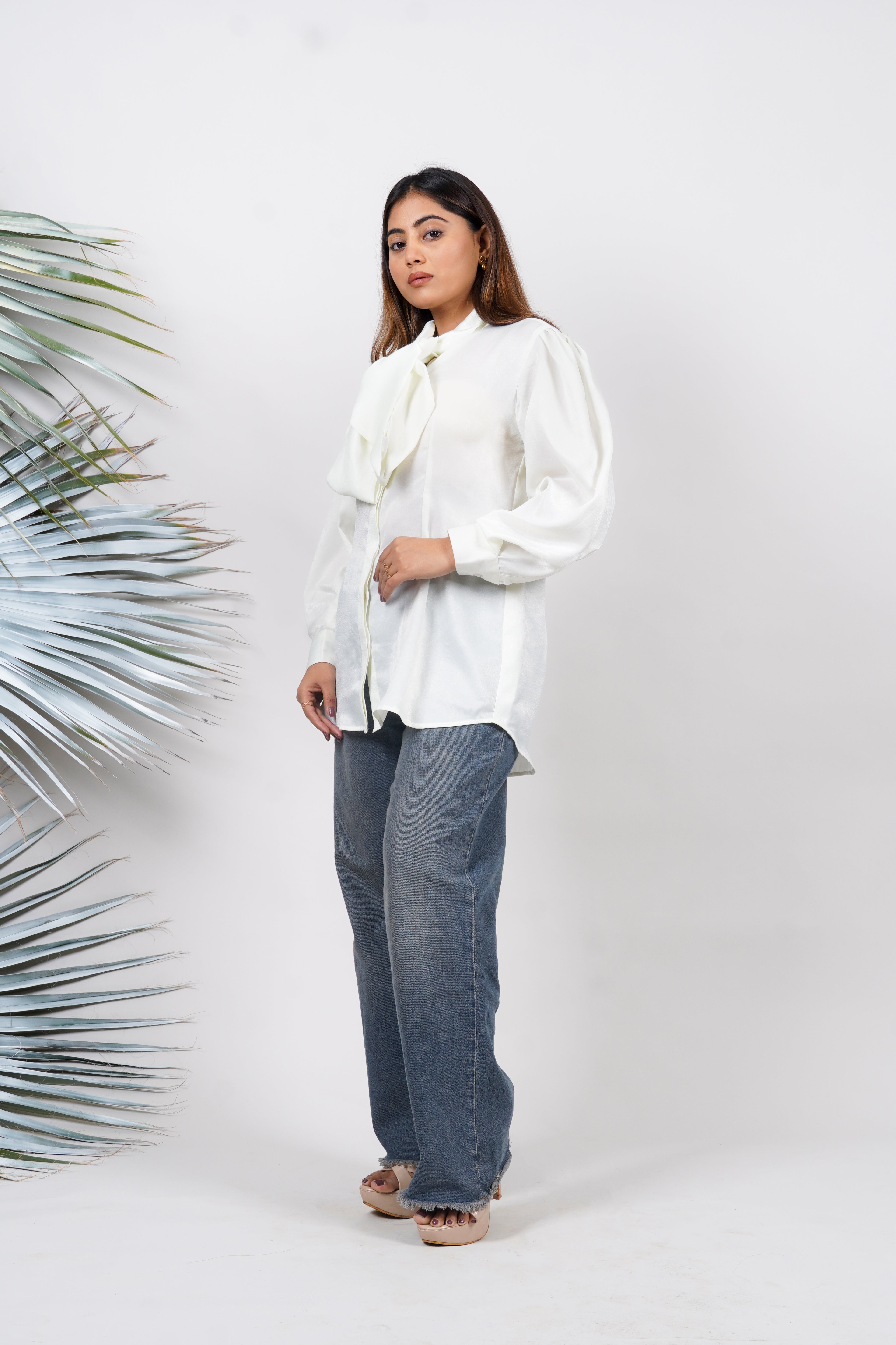 Ariya Threads Ivory Luxe Bow-Tie Satin Shirt – Elegant Party Wear