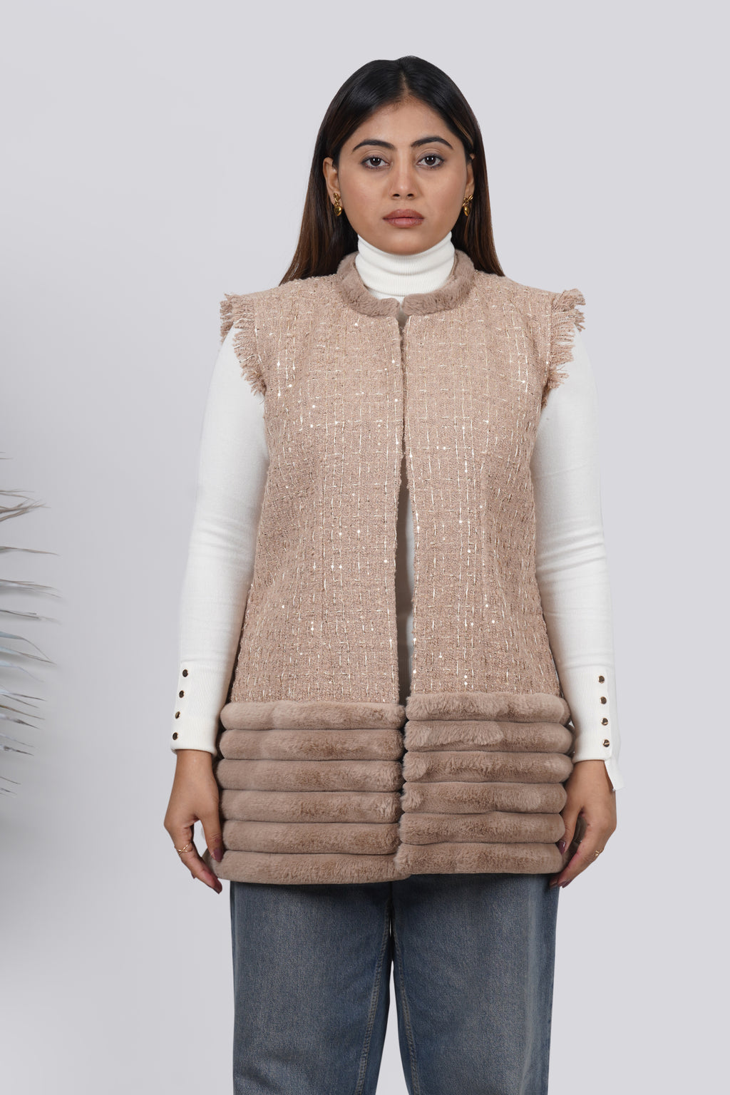 Ariya Threads Mocha Mist Tweed Fur Jacket – Premium Winter Wear