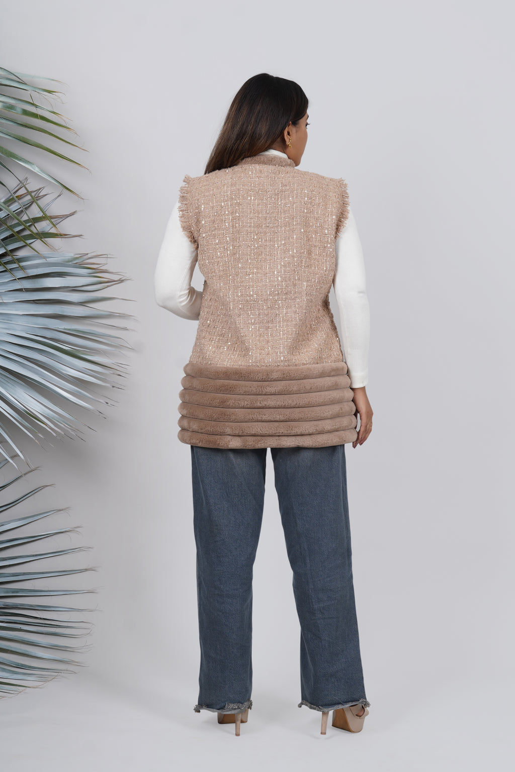 Ariya Threads Mocha Mist Tweed Fur Jacket – Premium Winter Wear