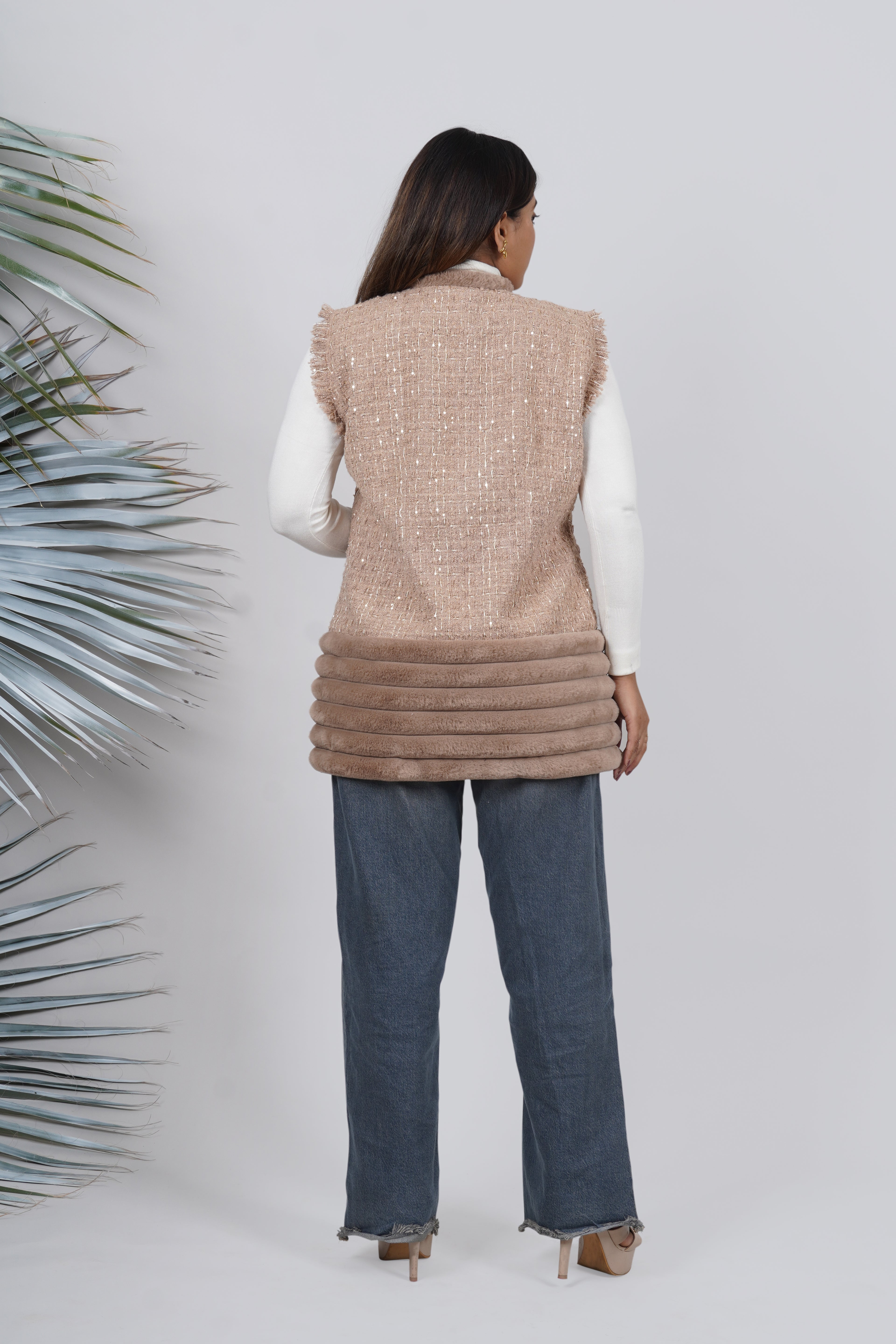 Ariya Threads Mocha Mist Tweed Fur Jacket – Premium Winter Wear