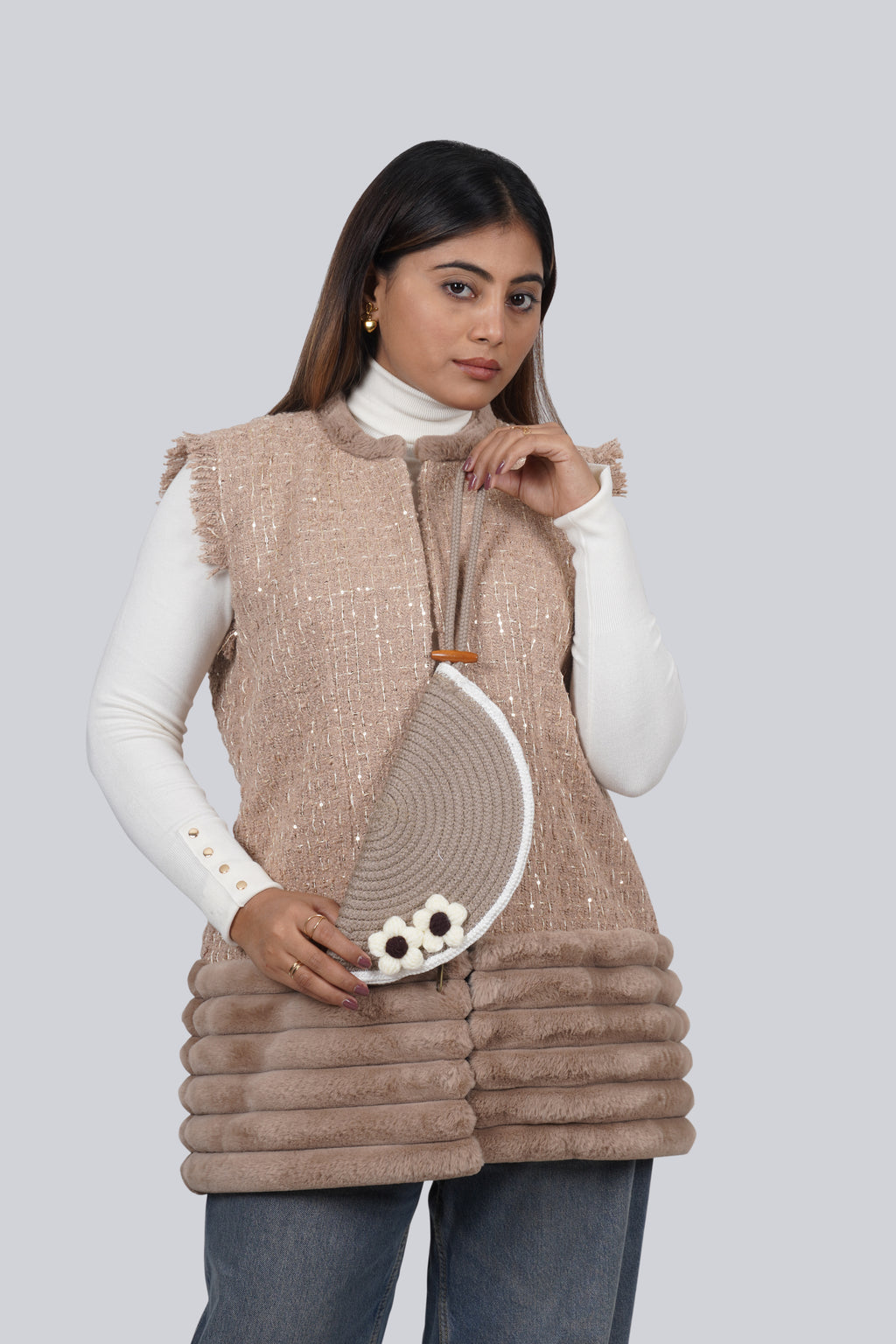 Ariya Threads Mocha Mist Tweed Fur Jacket – Premium Winter Wear