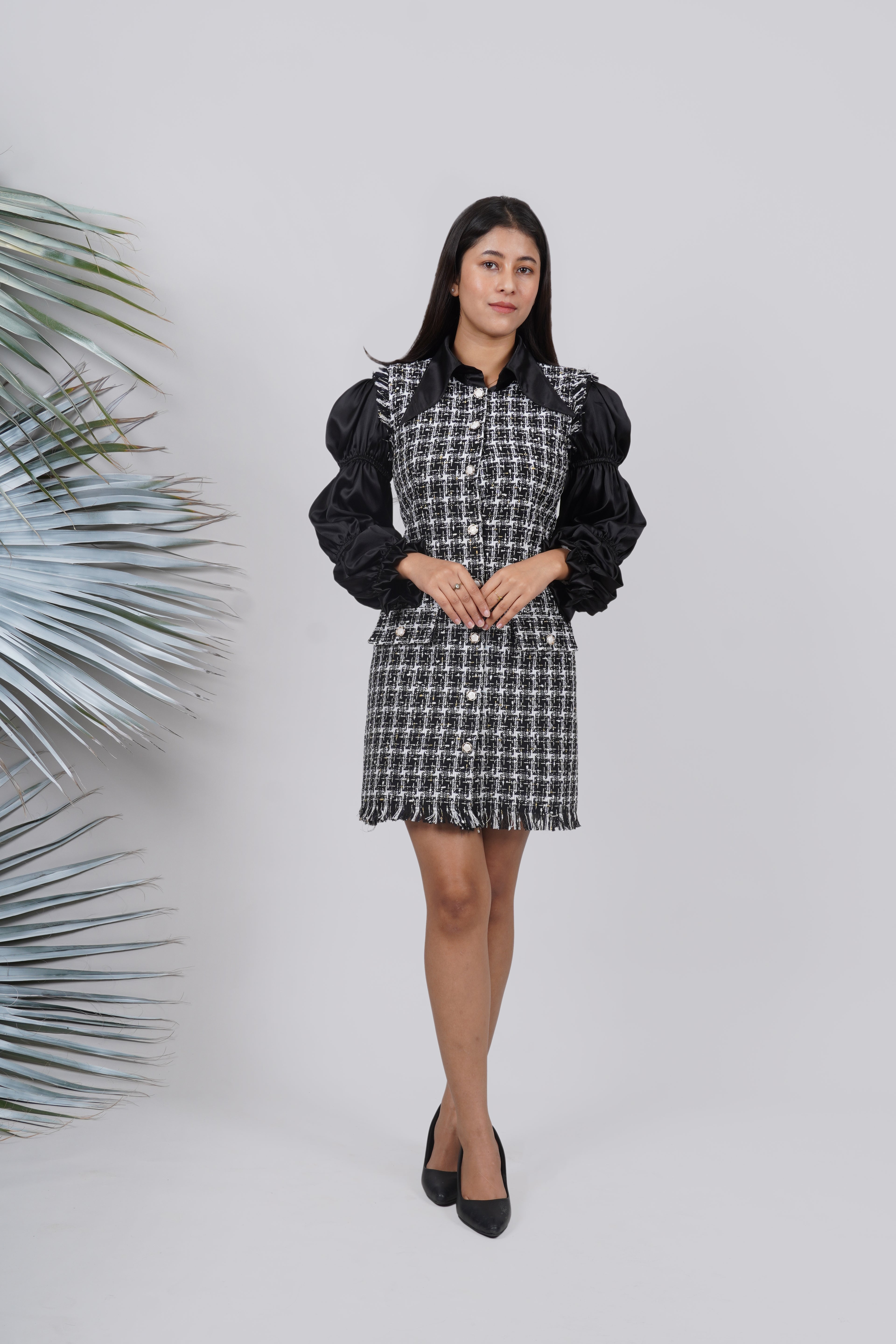 Ariya Threads Elegant Monochrome Tweed Dress with Stylish Puff Sleeves