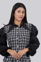 Ariya Threads Elegant Monochrome Tweed Dress with Stylish Puff Sleeves