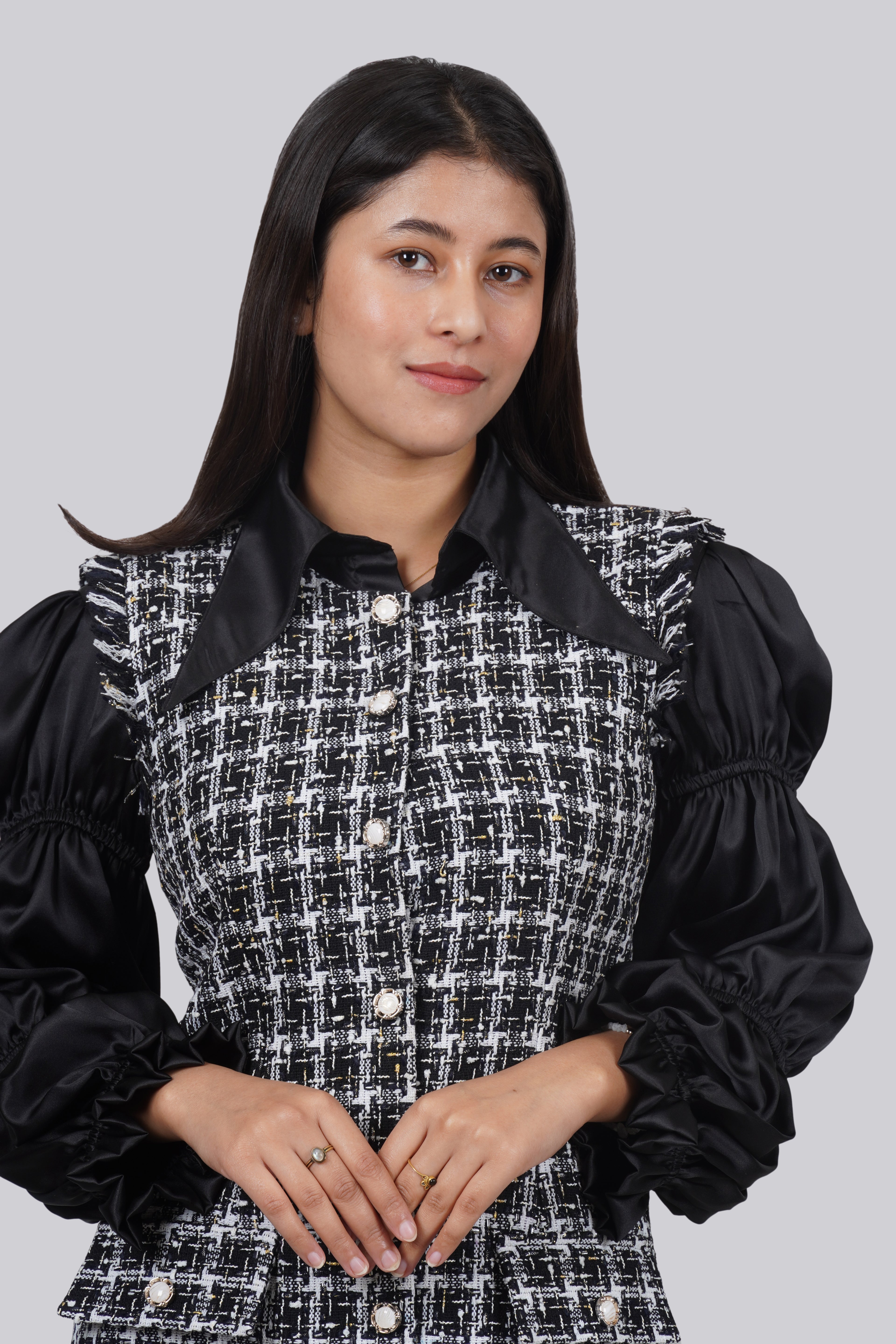 Ariya Threads Elegant Monochrome Tweed Dress with Stylish Puff Sleeves