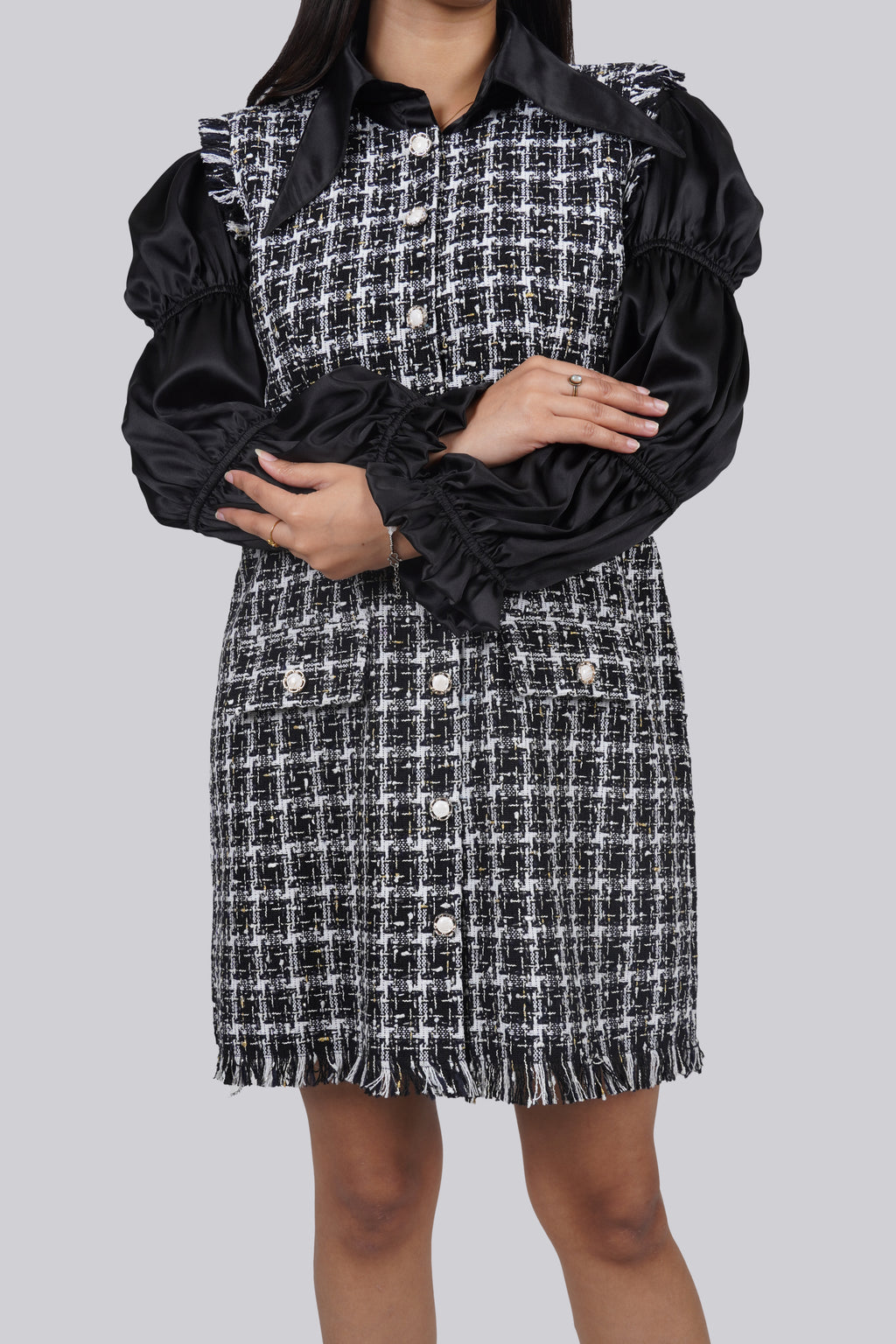 Ariya Threads Elegant Monochrome Tweed Dress with Stylish Puff Sleeves