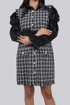 Ariya Threads Elegant Monochrome Tweed Dress with Stylish Puff Sleeves