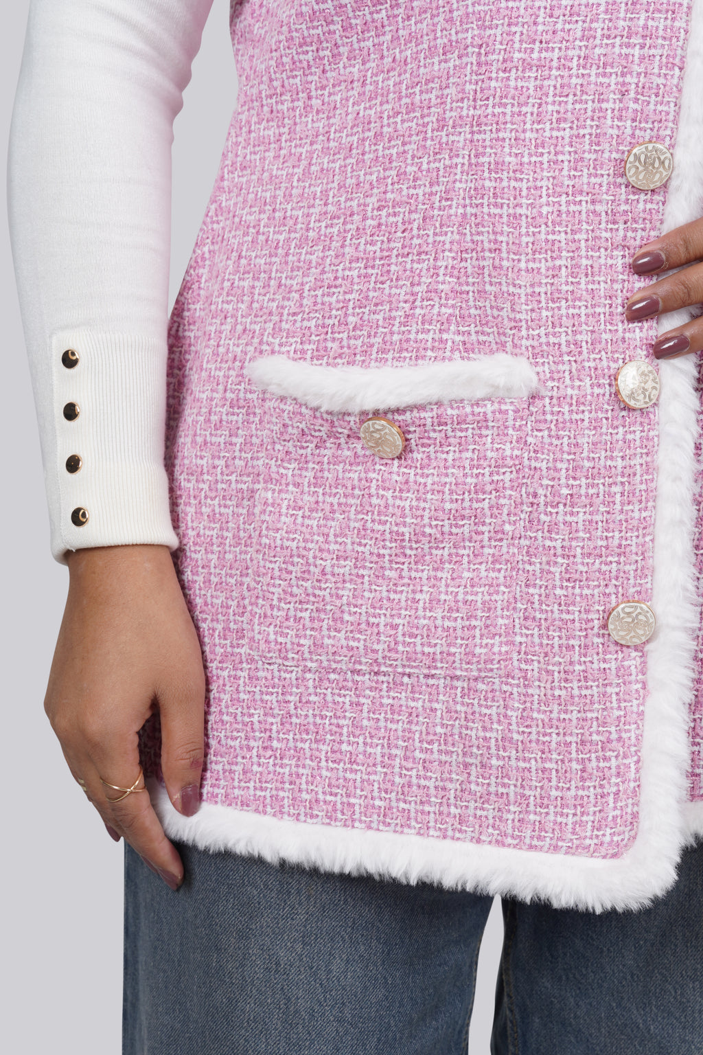 Ariya Threads Rosy Luxe Fur-Trim Tweed Jacket – Stylish Winter Wear