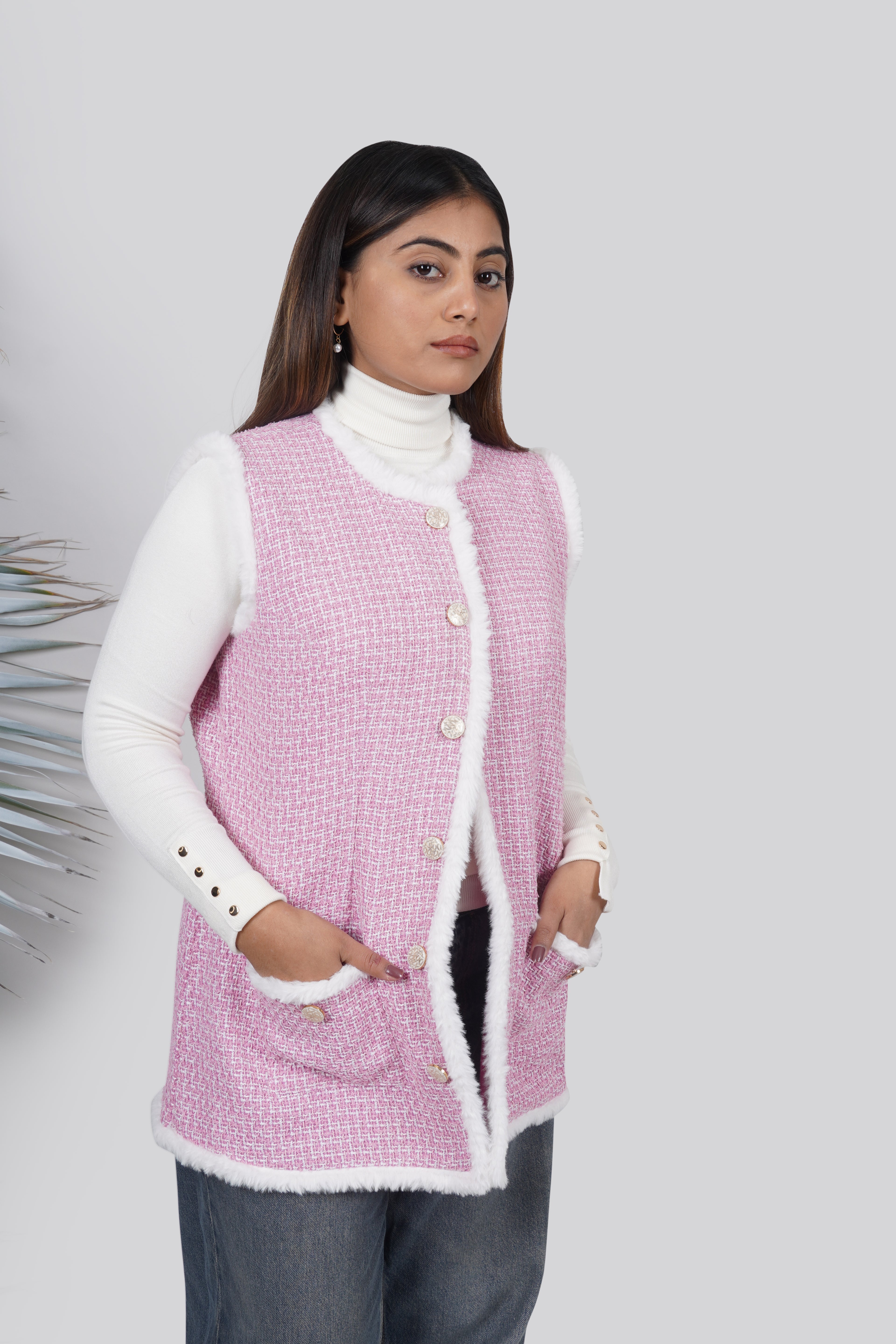 Ariya Threads Rosy Luxe Fur-Trim Tweed Jacket – Stylish Winter Wear