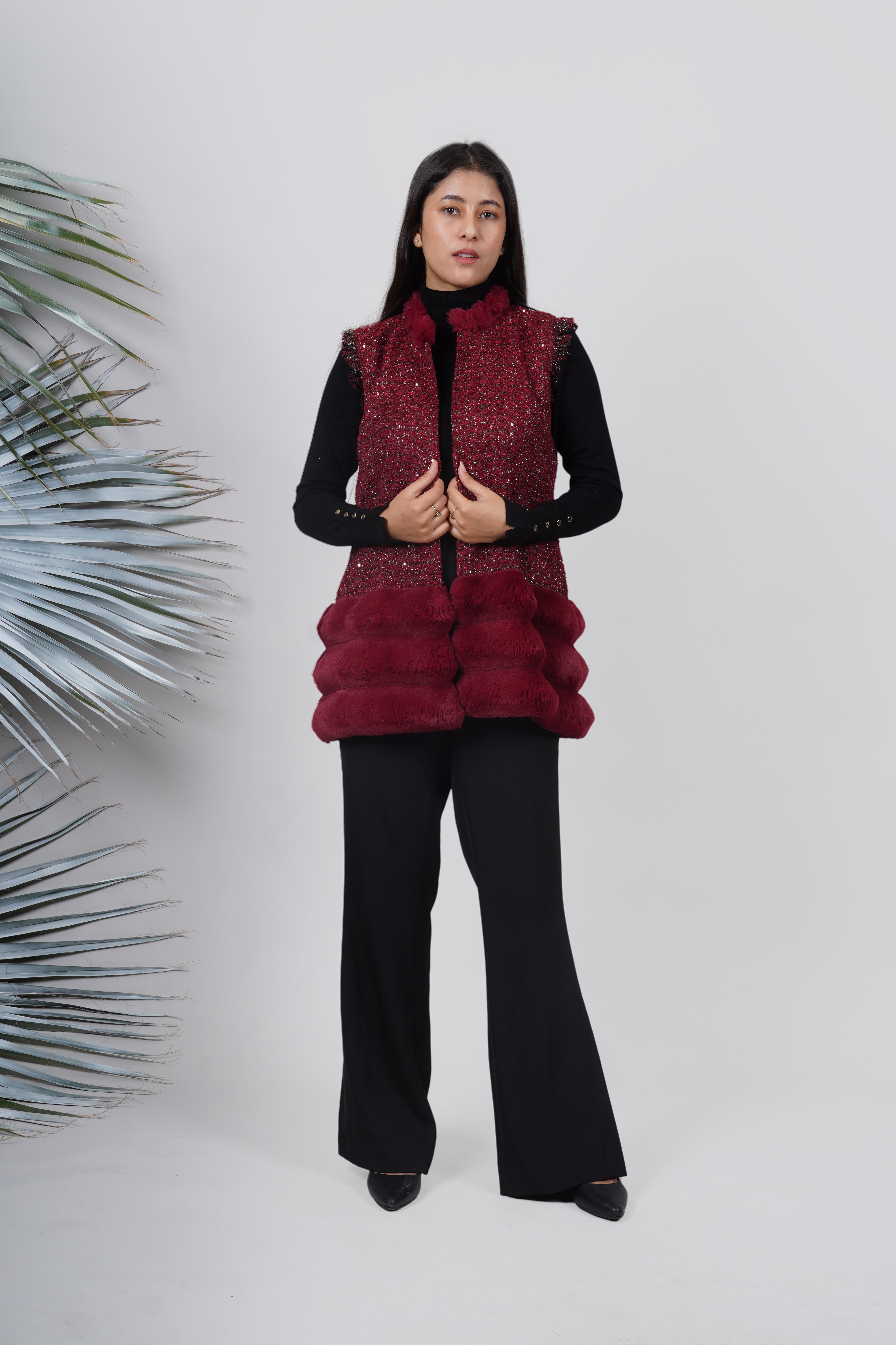 Ariya Threads Berry Velvet Tweed Panel Jacket – Luxury Winter Wear