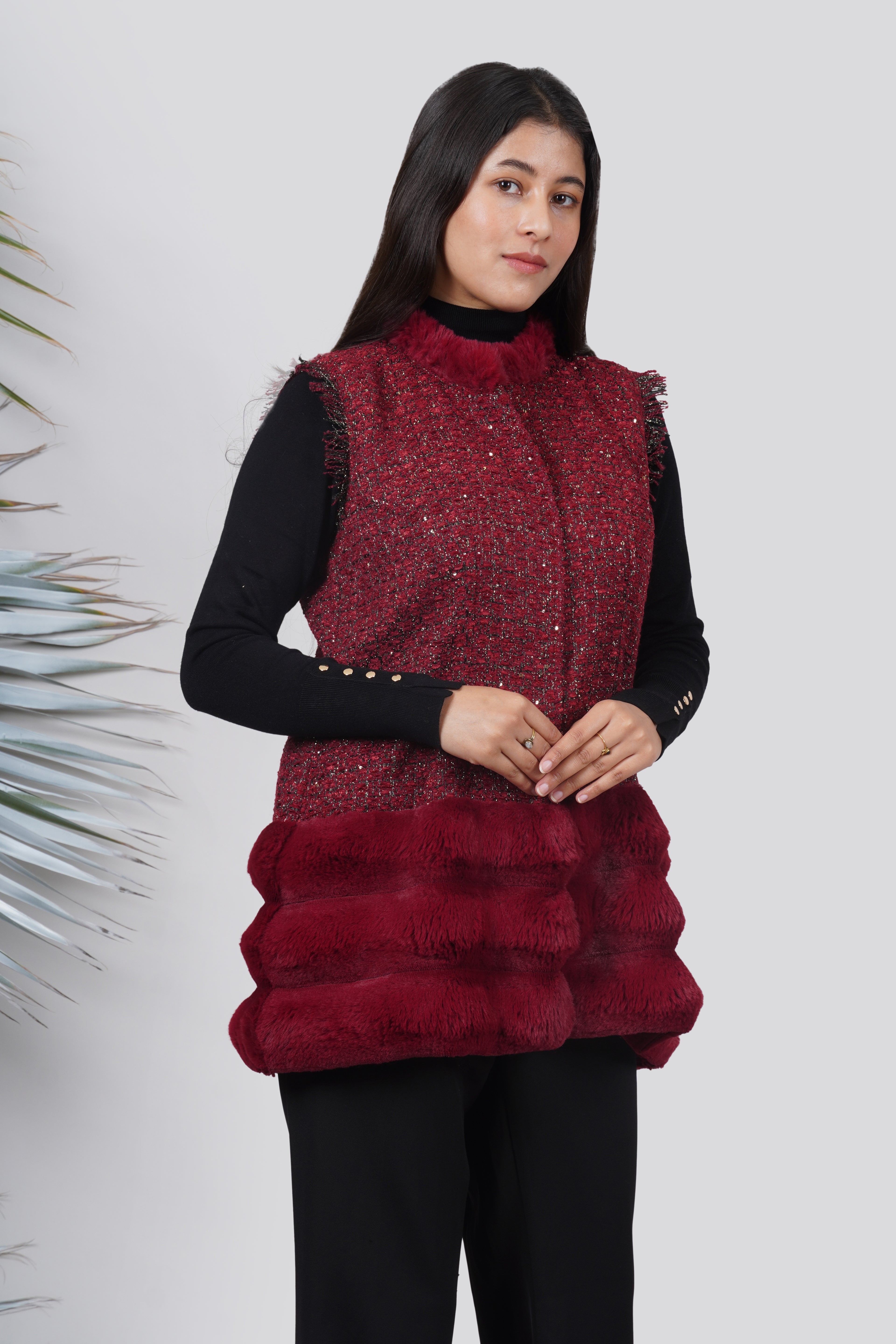 Ariya Threads Berry Velvet Tweed Panel Jacket – Luxury Winter Wear