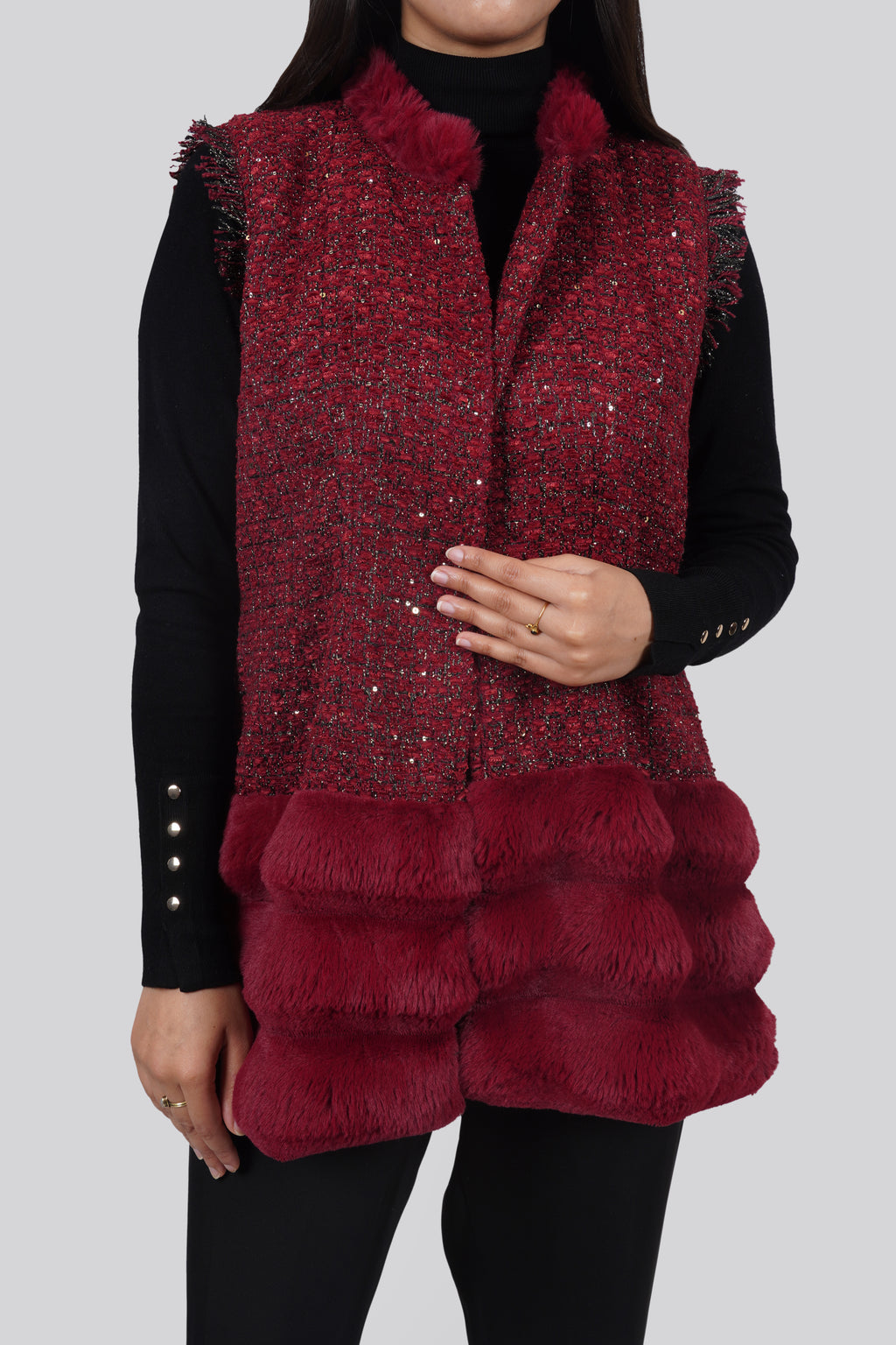Ariya Threads Berry Velvet Tweed Panel Jacket – Luxury Winter Wear