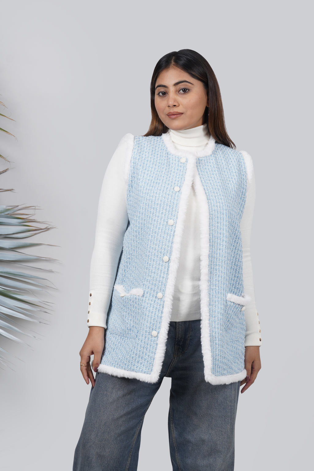 Ariya Threads Blue Snow Tweed Fur Jacket – Premium Winter Wear