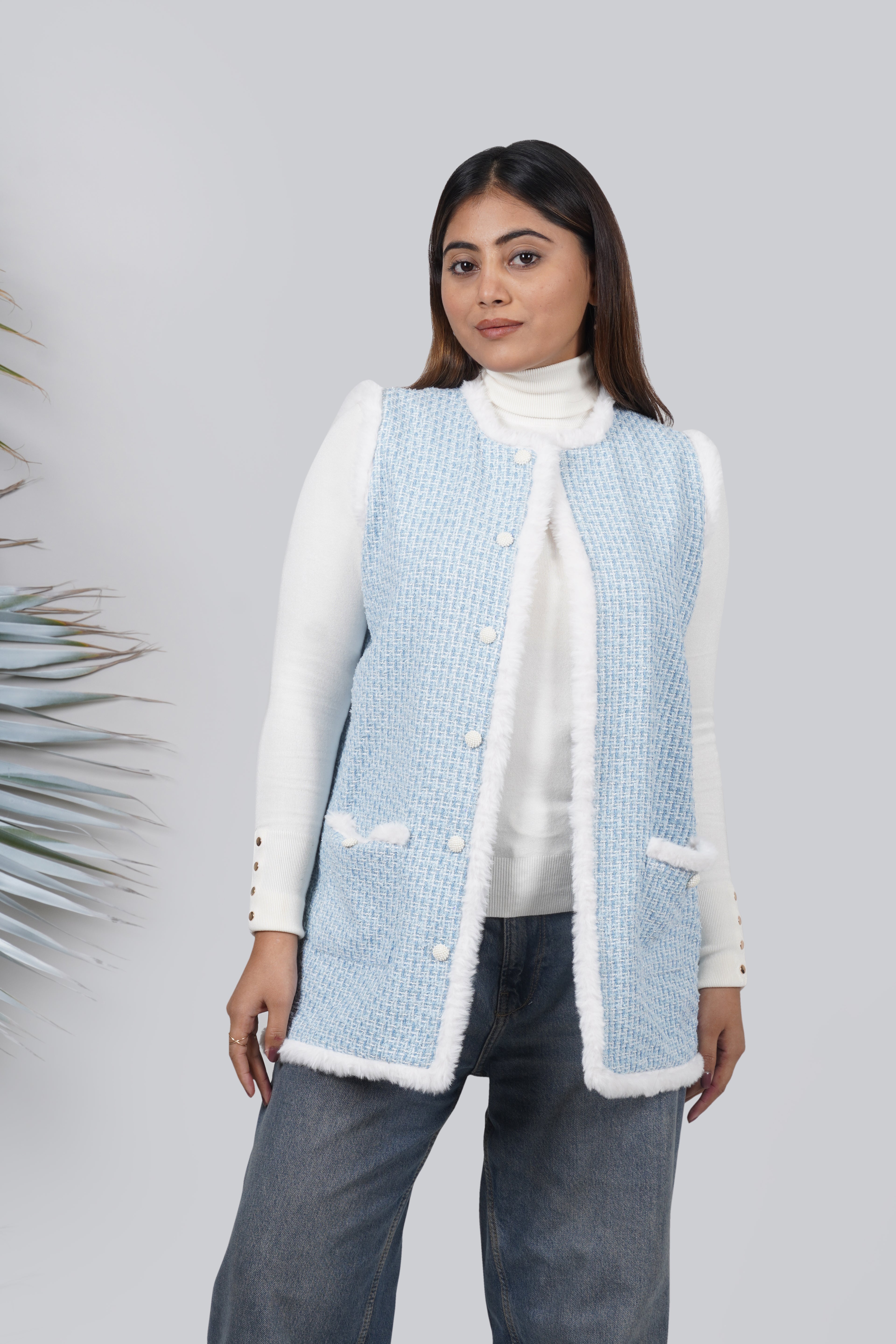 Ariya Threads Blue Snow Tweed Fur Jacket – Premium Winter Wear