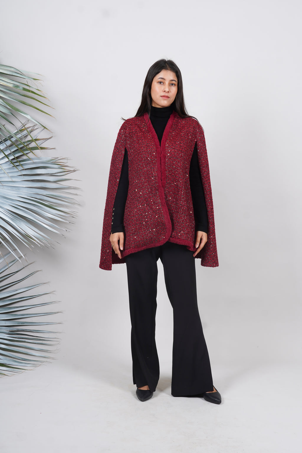 Ariya Threads  Ruby Sparkle Fur-Trim Cape – Luxury Winter Party Wear