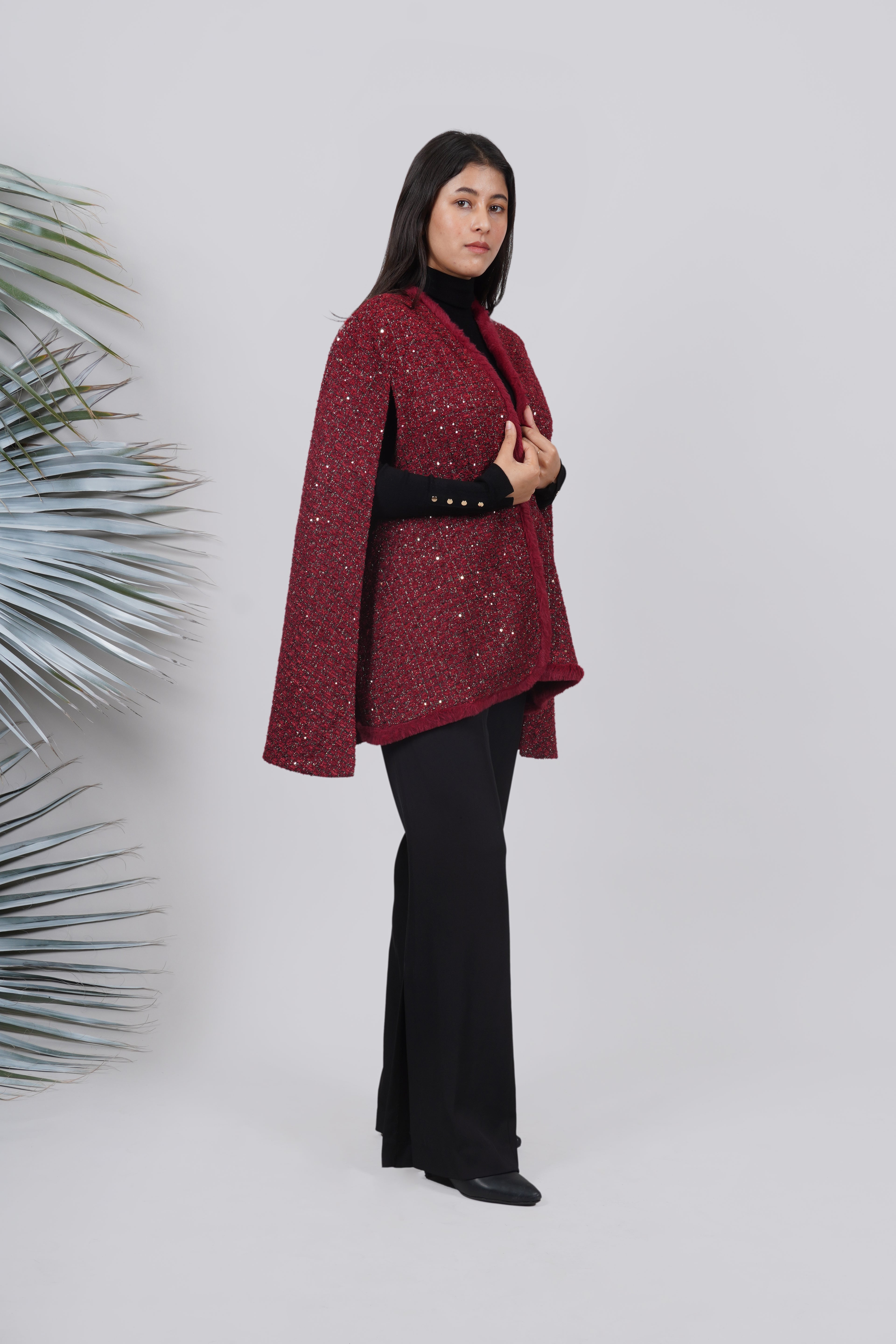 Ariya Threads  Ruby Sparkle Fur-Trim Cape – Luxury Winter Party Wear