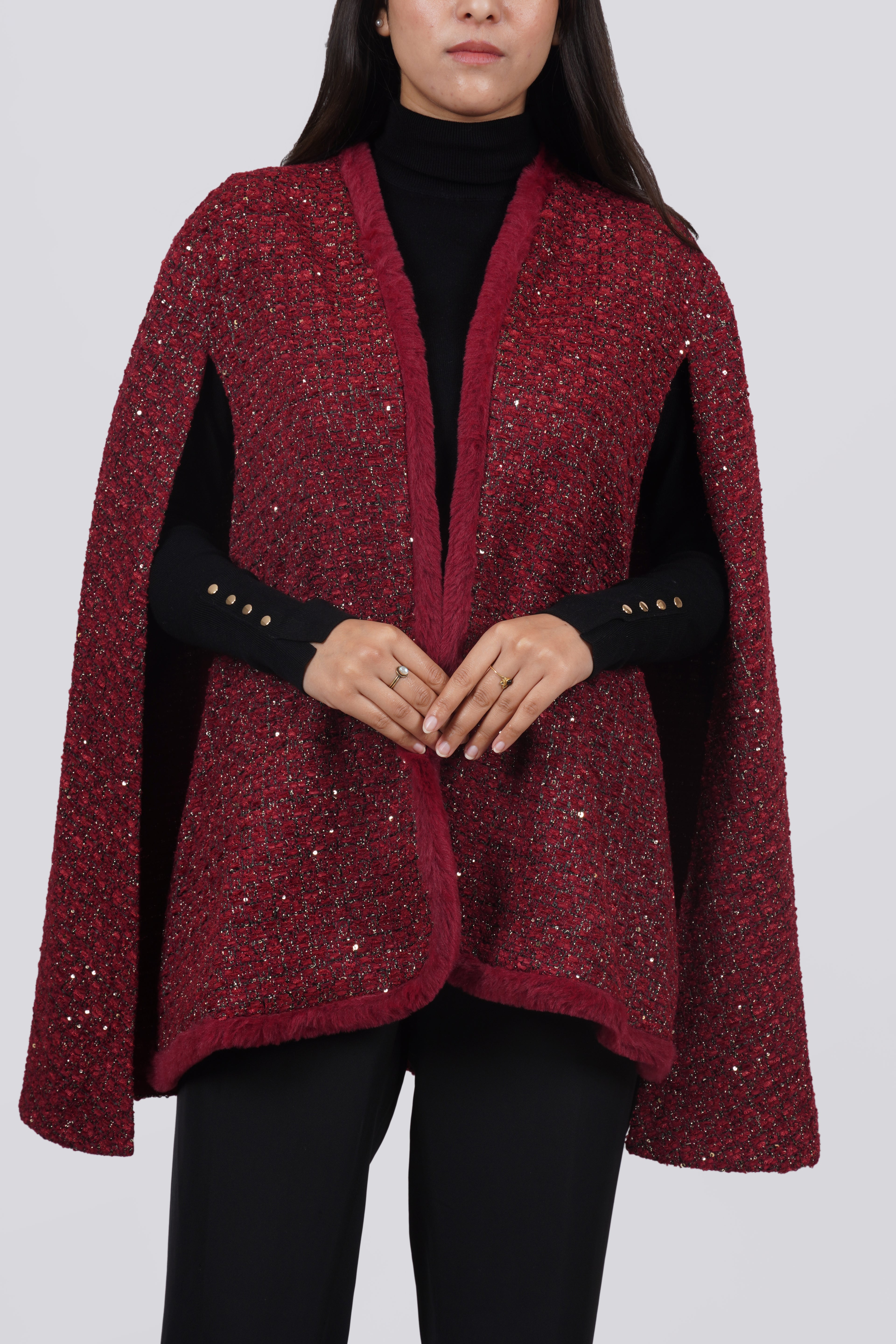 Ariya Threads  Ruby Sparkle Fur-Trim Cape – Luxury Winter Party Wear