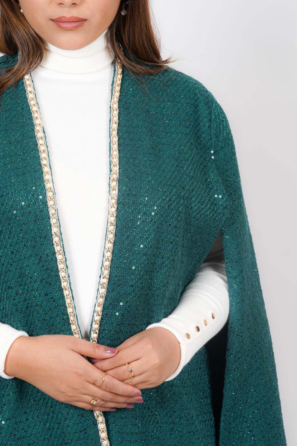 Ariya Threads  Green Frost Tweed Overlay Cape – Stylish Winter Outerwear