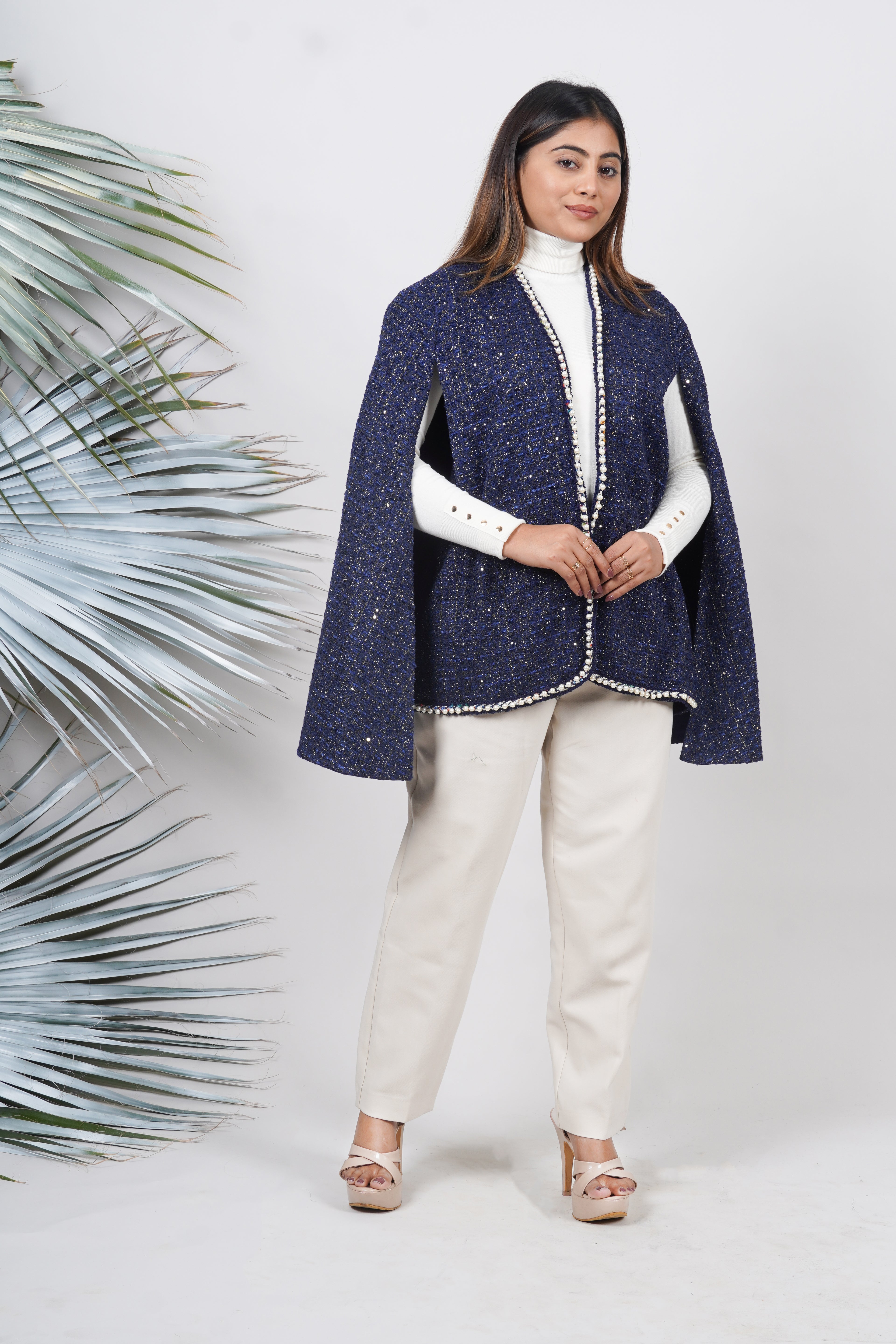 Ariya Threads Midnight Pearl Tweed Cape | Elegant Winter Layer