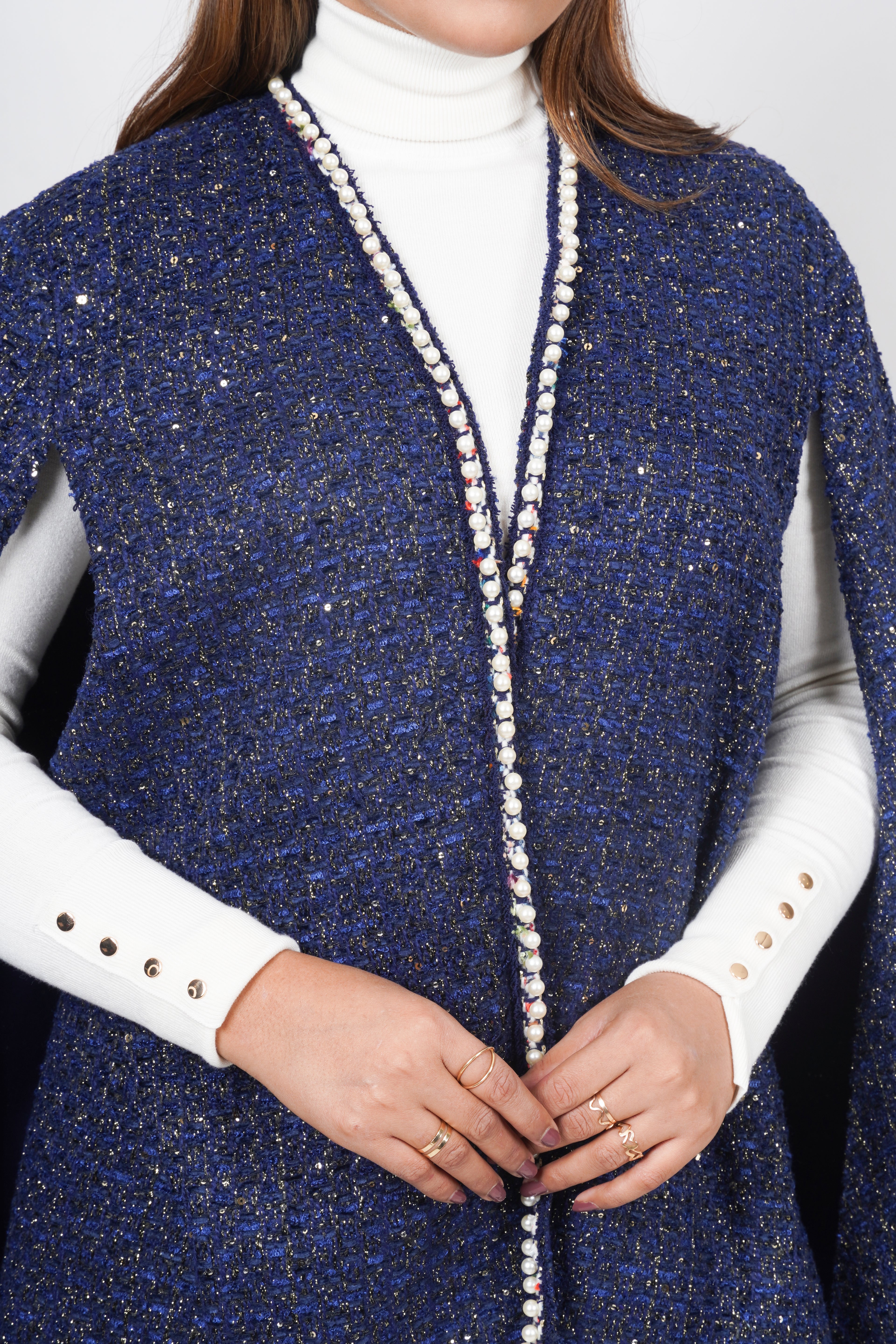 Ariya Threads Midnight Pearl Tweed Cape | Elegant Winter Layer