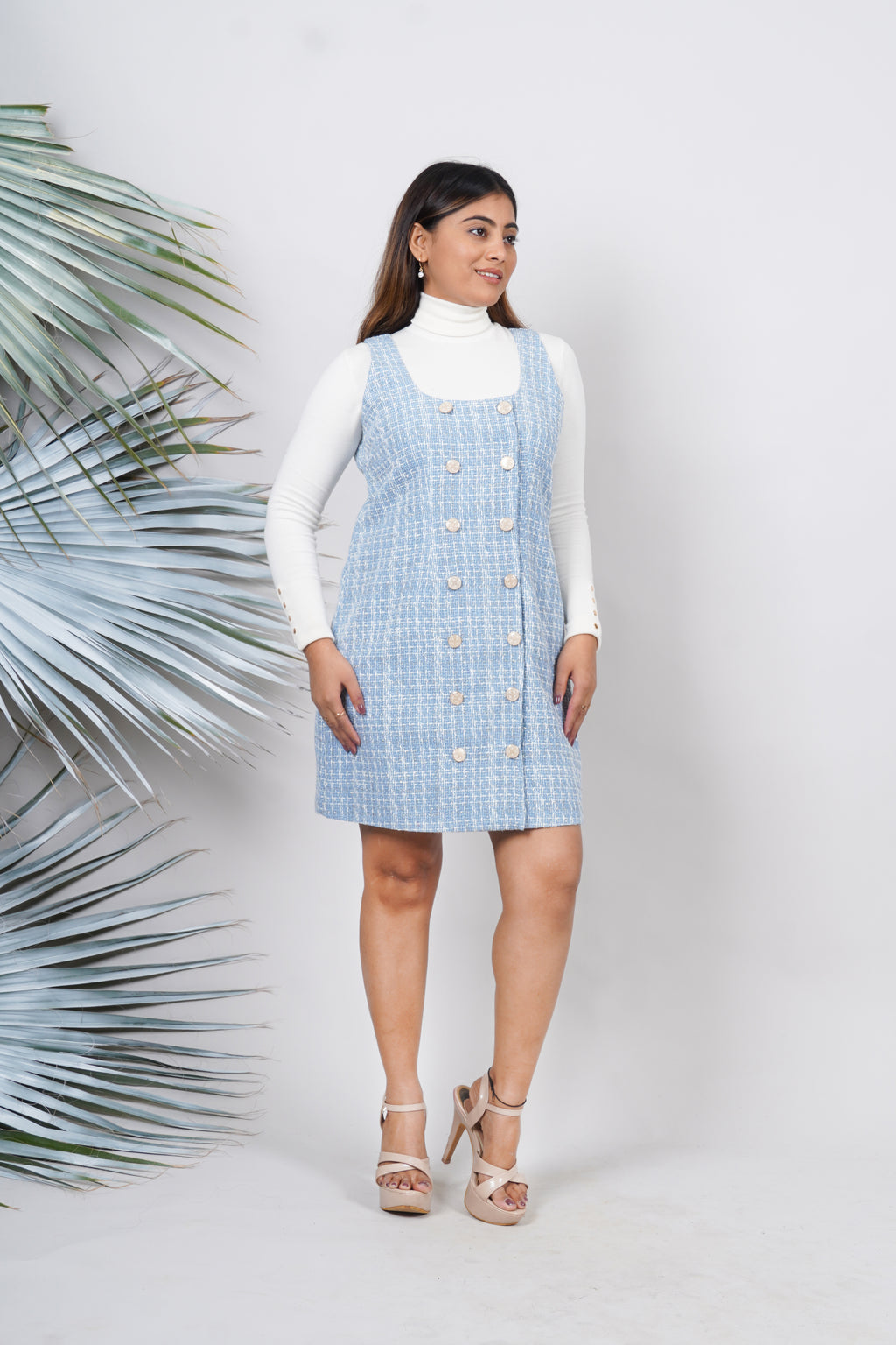 Ariya Threads Blue Mist Tweed Dress with Elegant Modern Chic Detailing