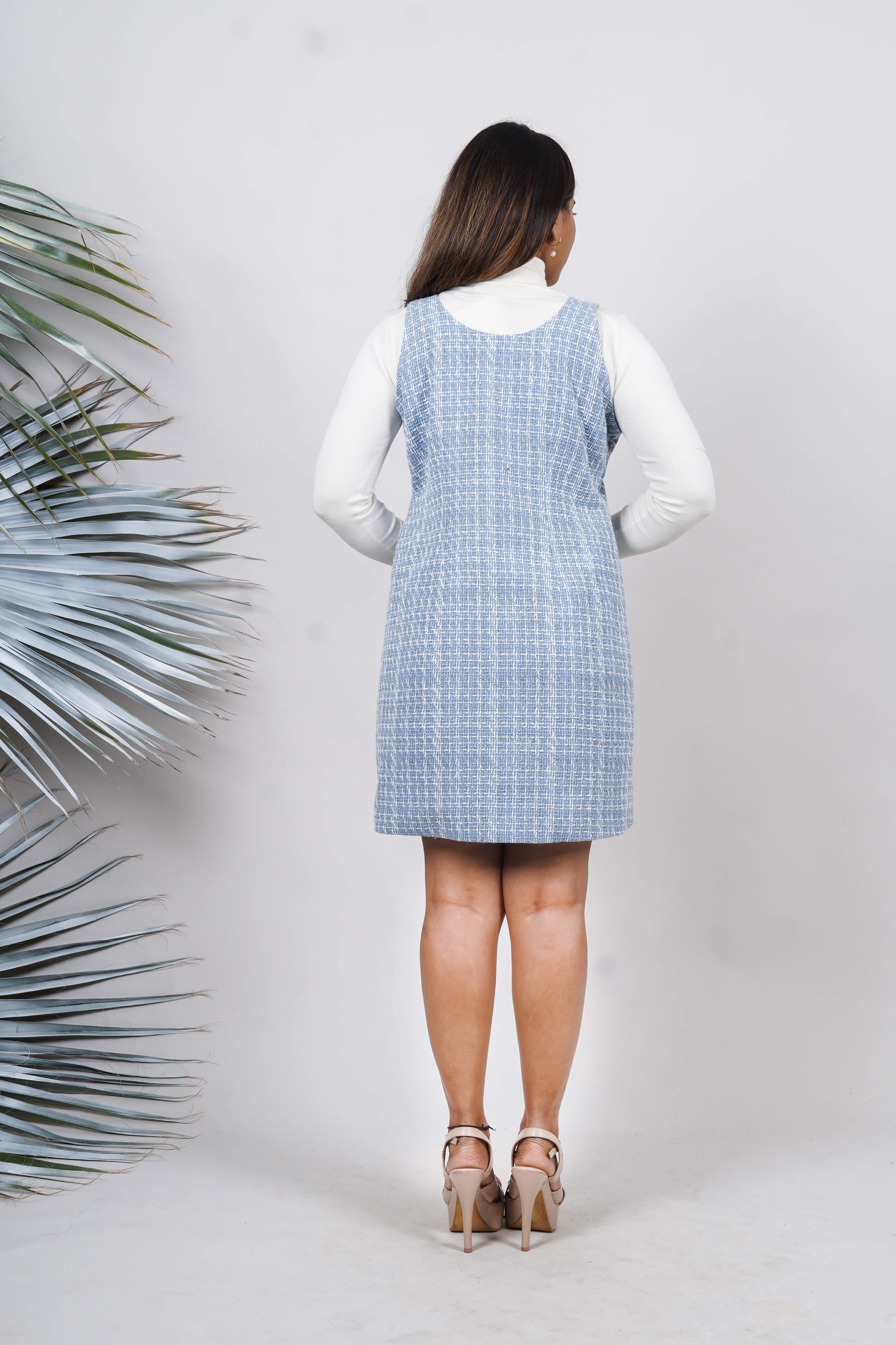 Ariya Threads Blue Mist Tweed Dress with Elegant Modern Chic Detailing