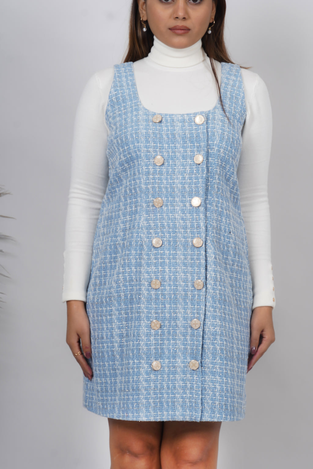 Ariya Threads Blue Mist Tweed Dress with Elegant Modern Chic Detailing