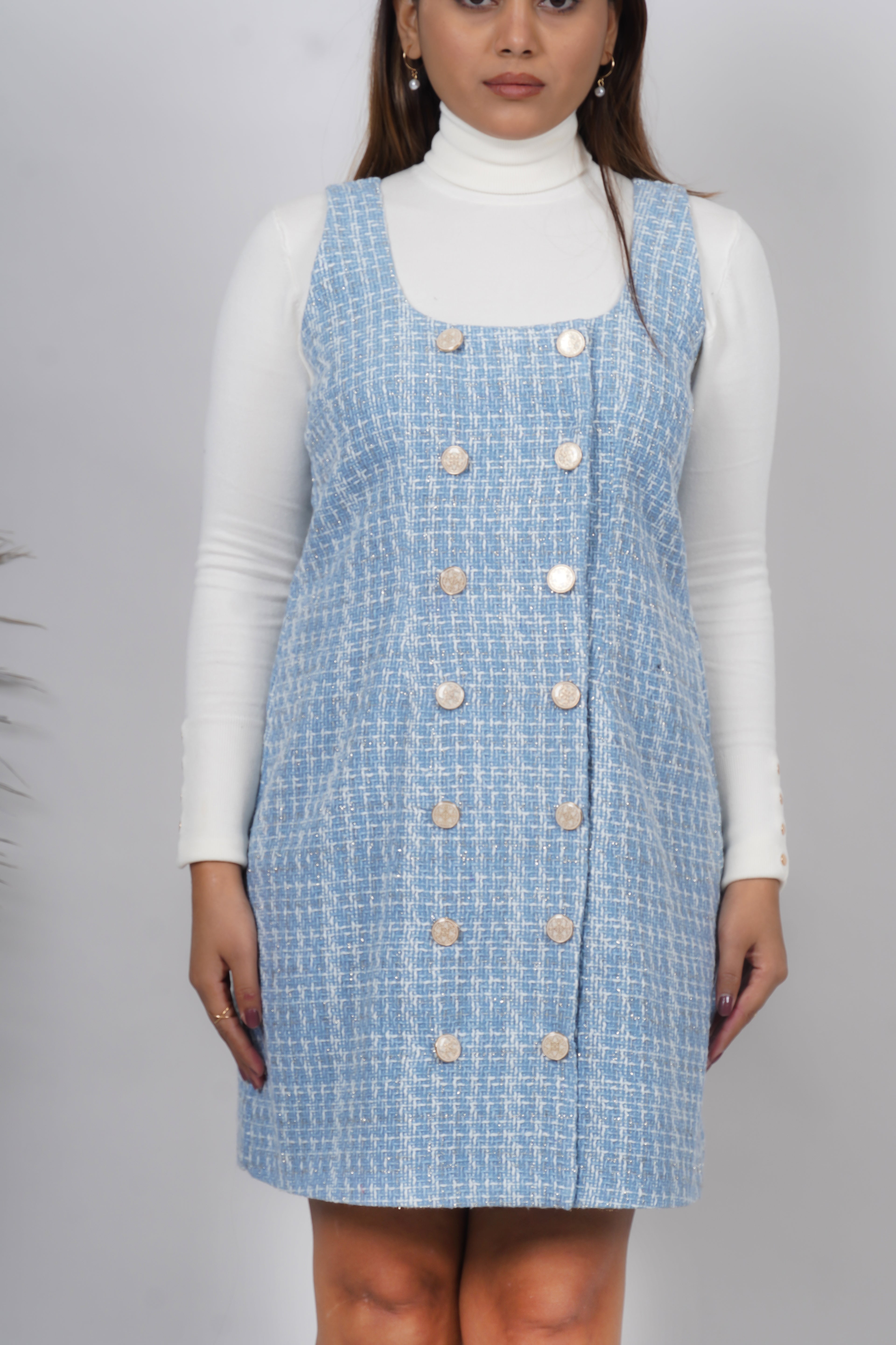 Ariya Threads Blue Mist Tweed Dress with Elegant Modern Chic Detailing