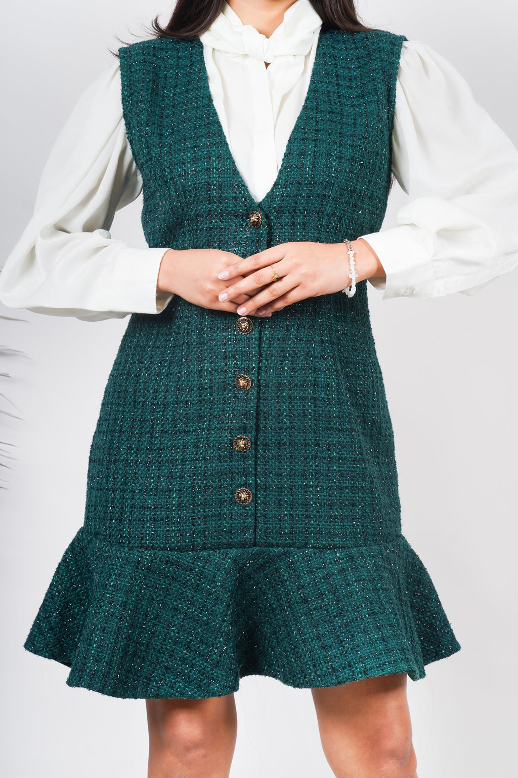Ariya Threads Emerald Flounce Tweed Dress for Elegant Modern Styling