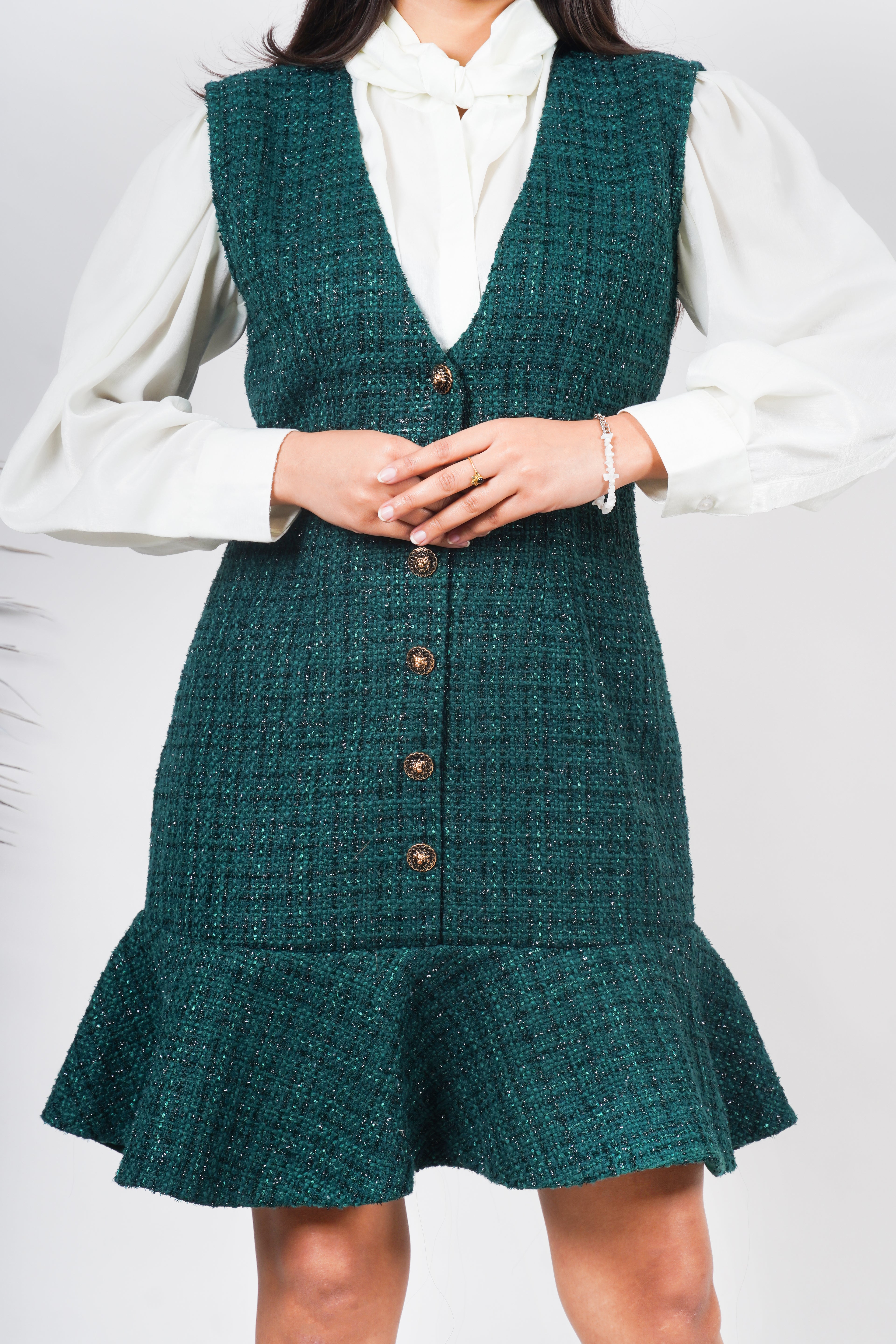 Ariya Threads Emerald Flounce Tweed Dress for Elegant Modern Styling