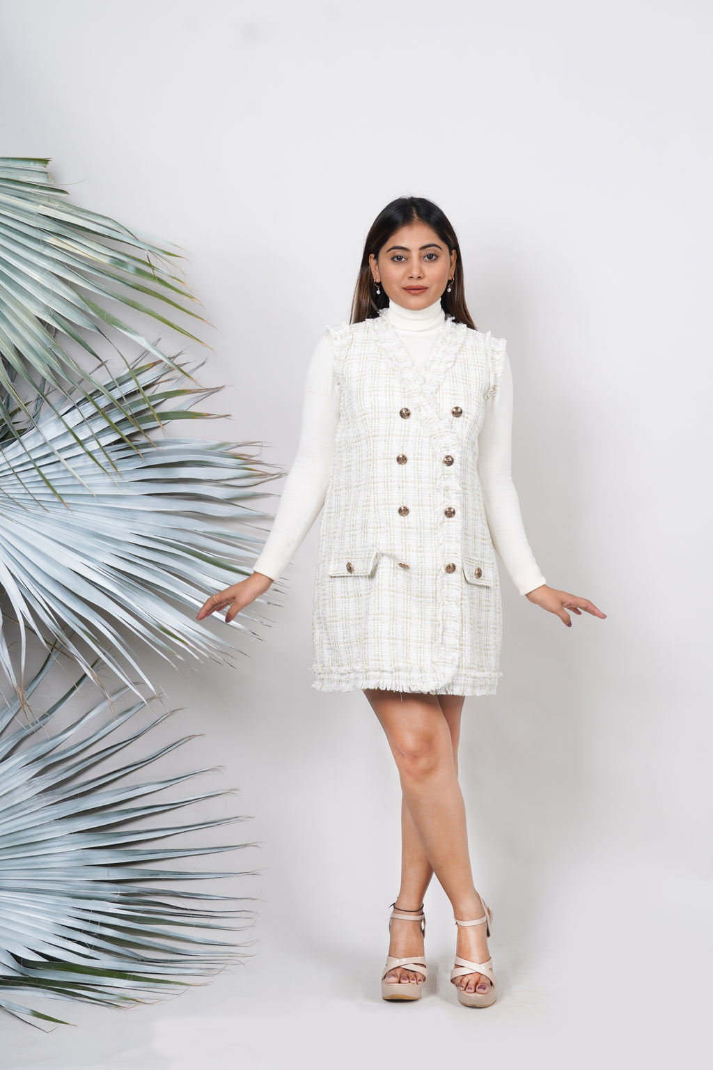 Ariya Threads Ivory Gold Tweed Double-Breasted Dress for Elegant Style