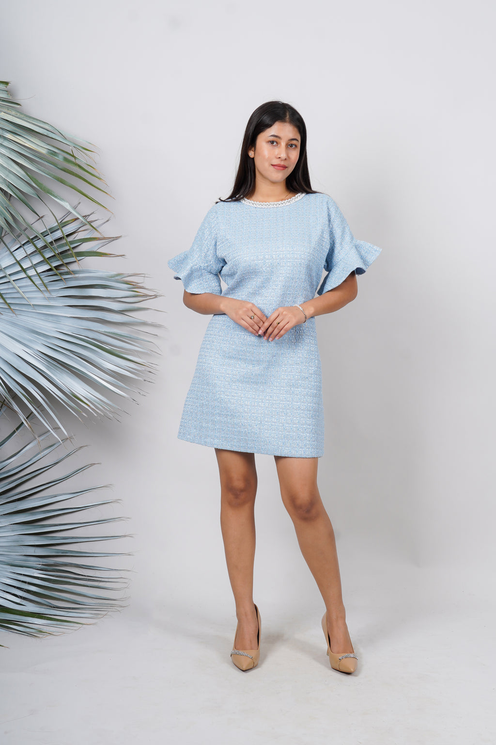 Ariya Threads Pastel Aura Tweed Pearl Dress with Elegant Luxe Detailing