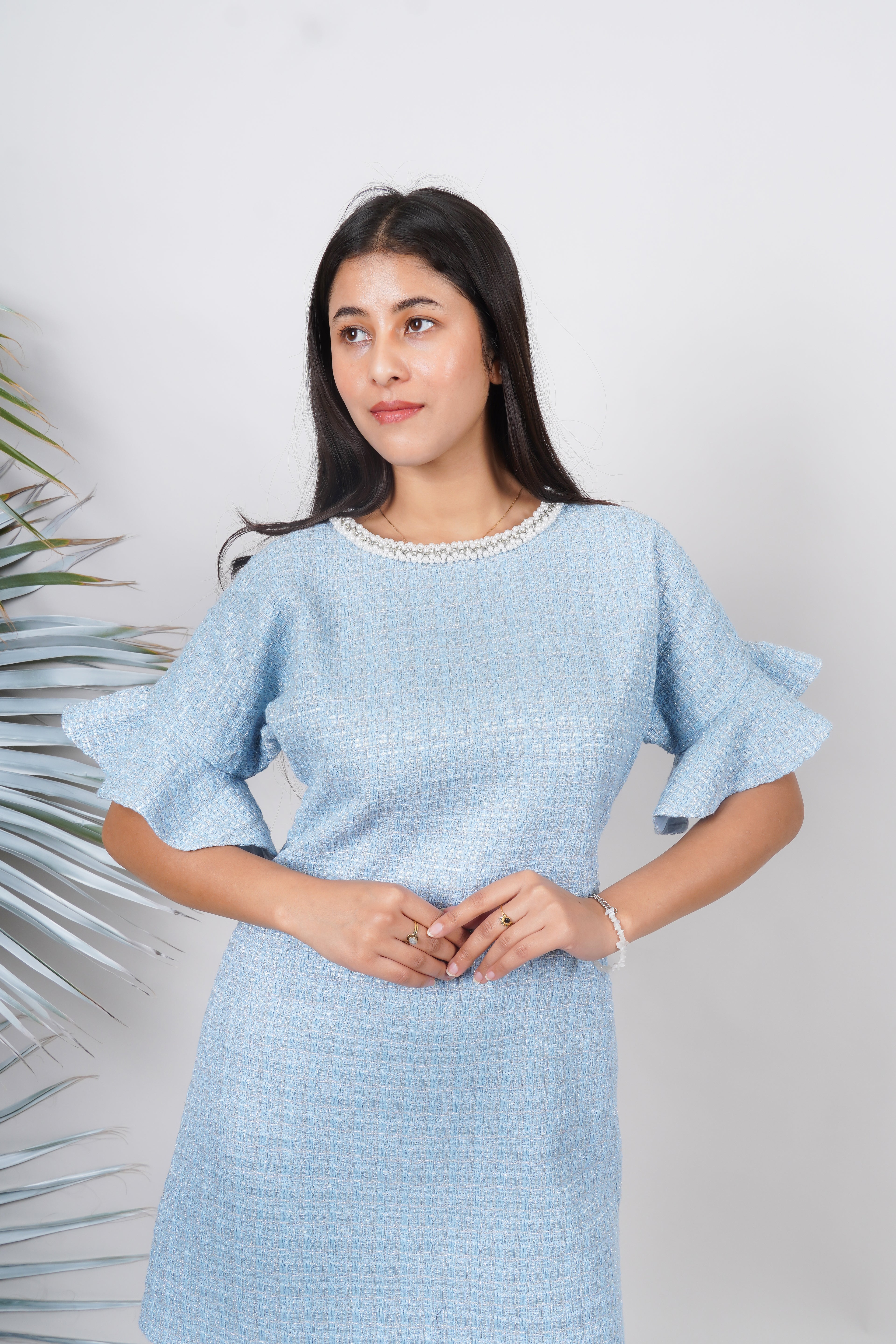 Ariya Threads Pastel Aura Tweed Pearl Dress with Elegant Luxe Detailing