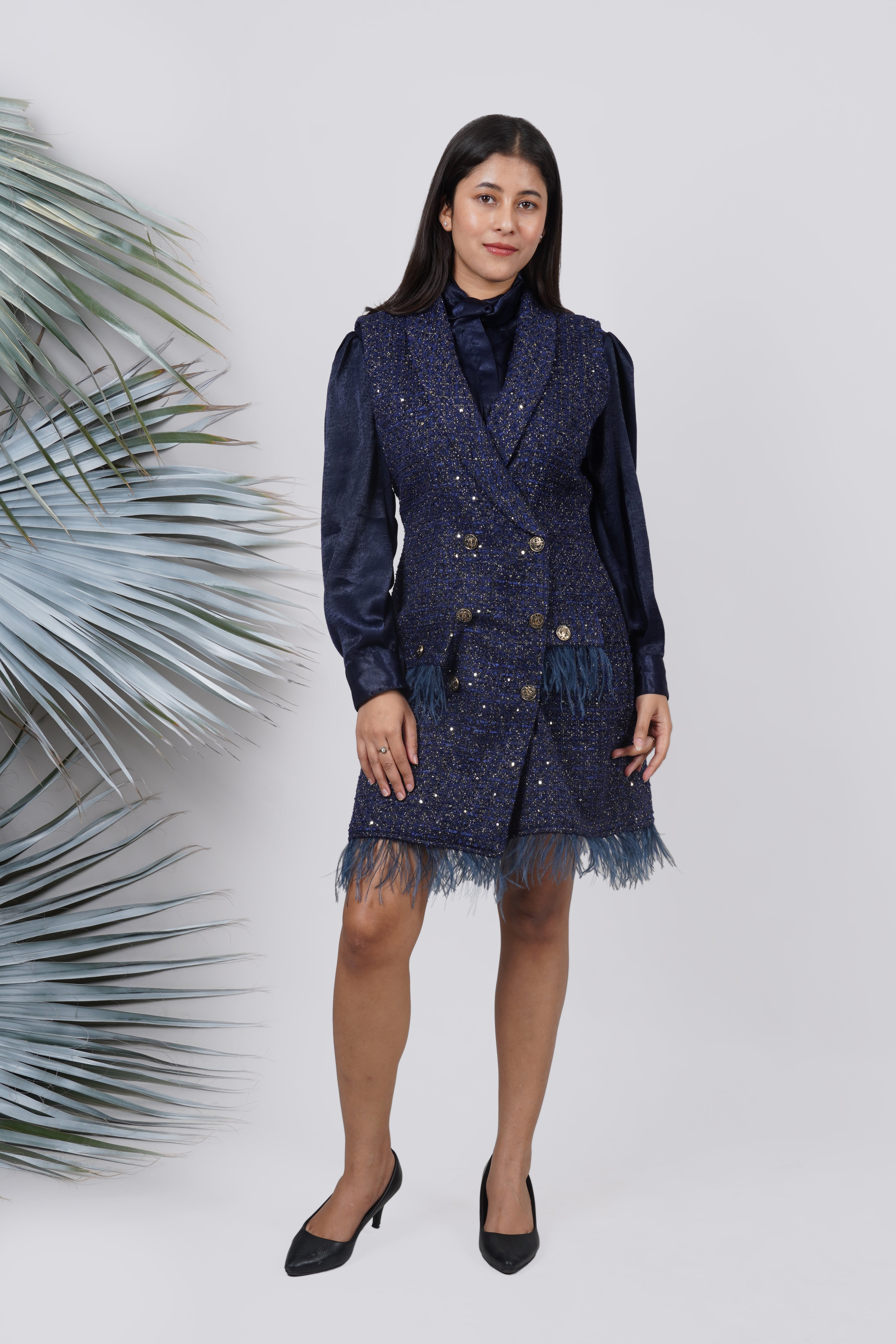 Ariya Threads Twilight Sparkle Feather Tweed Dress for Elegant Evenings
