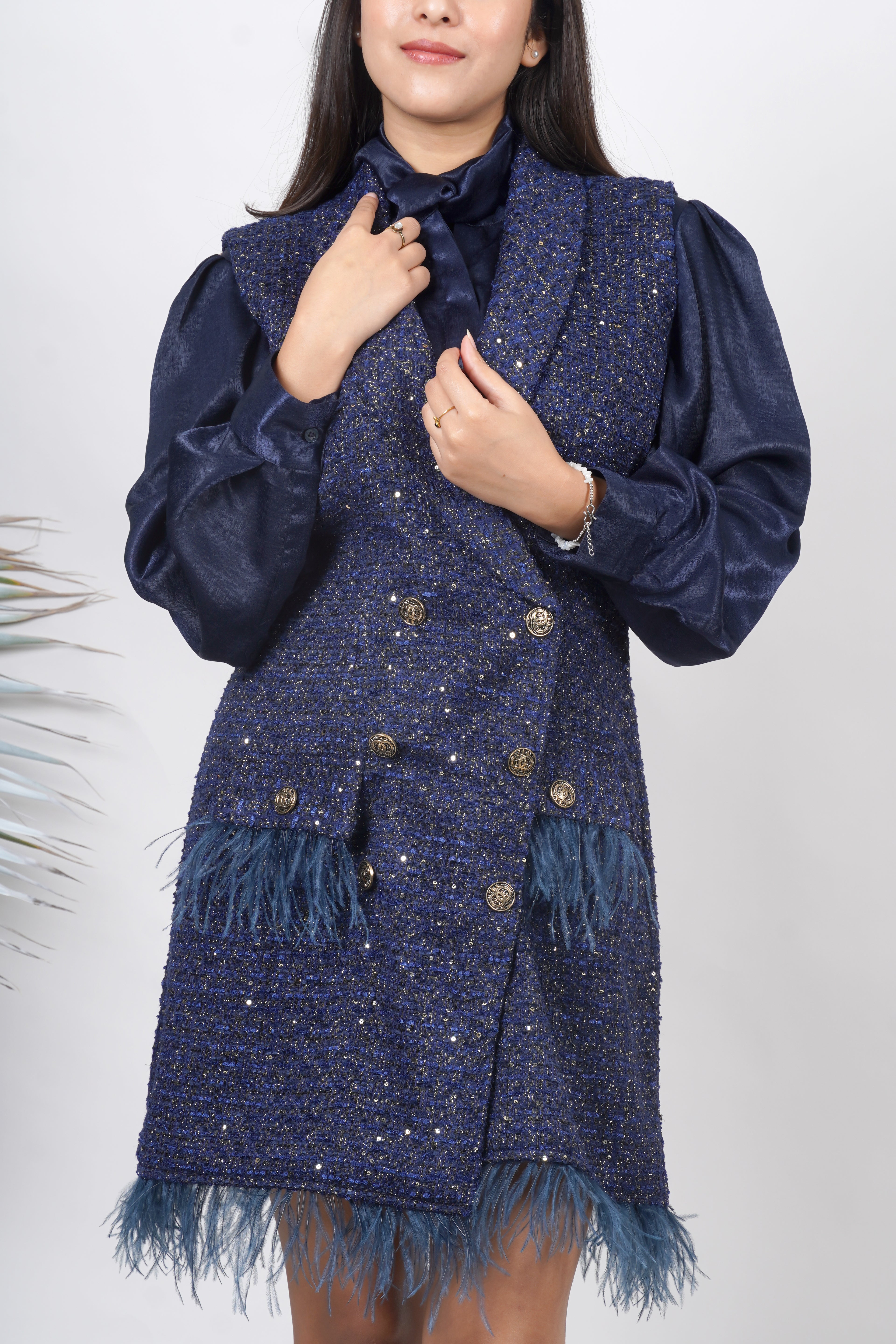 Ariya Threads Twilight Sparkle Feather Tweed Dress for Elegant Evenings