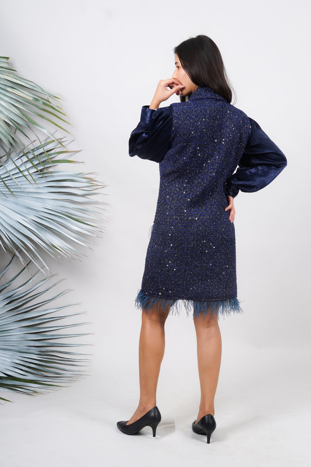 Ariya Threads Twilight Sparkle Feather Tweed Dress for Elegant Evenings