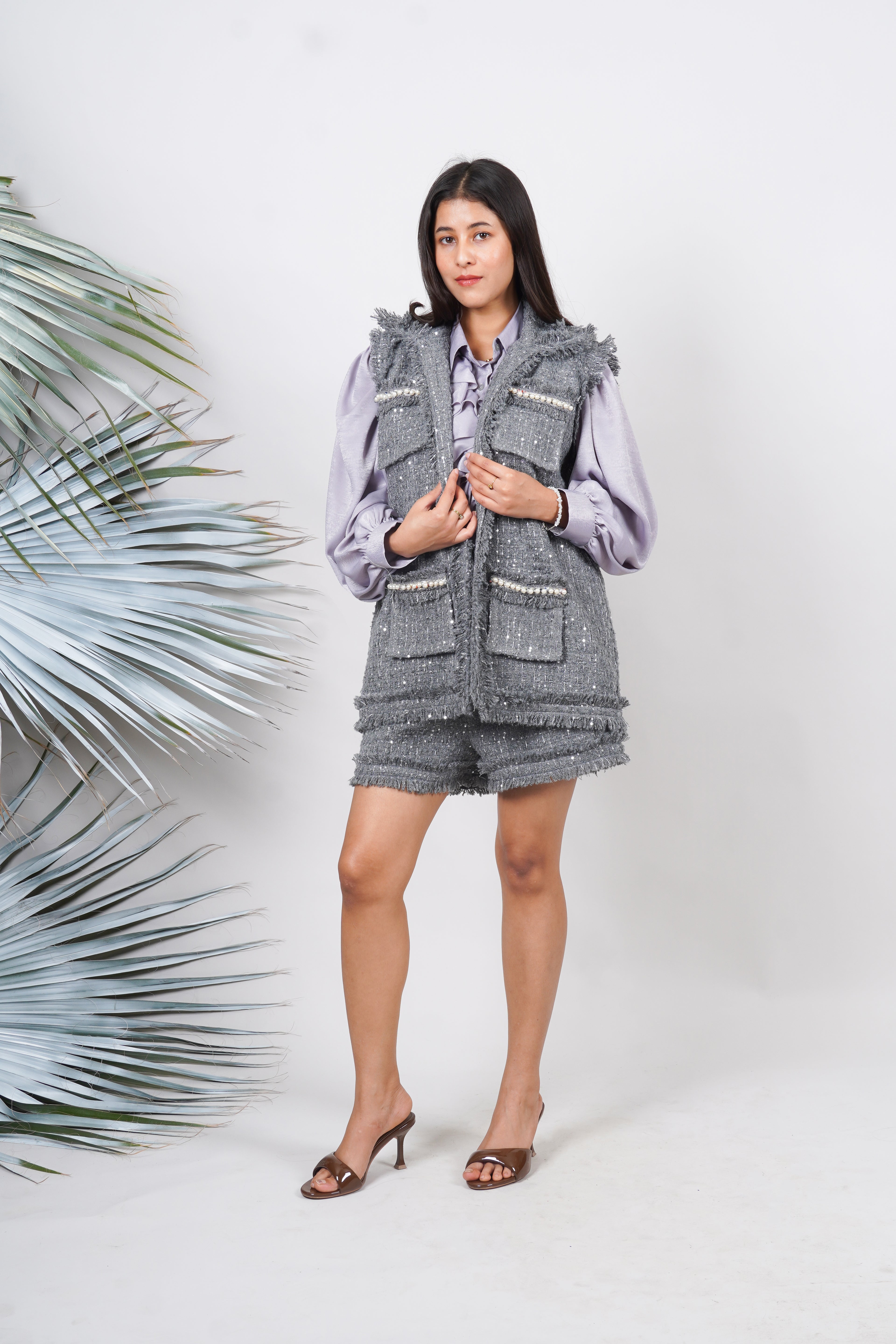 Ariya Threads Grey Glimmer Pearl Trim Co-Ord | Elegant Set