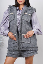 Ariya Threads Grey Glimmer Pearl Trim Co-Ord | Elegant Set