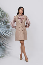 Ariya Threads Golden Beige Luxe Tweed Dress with Elegant Pearl Detailing