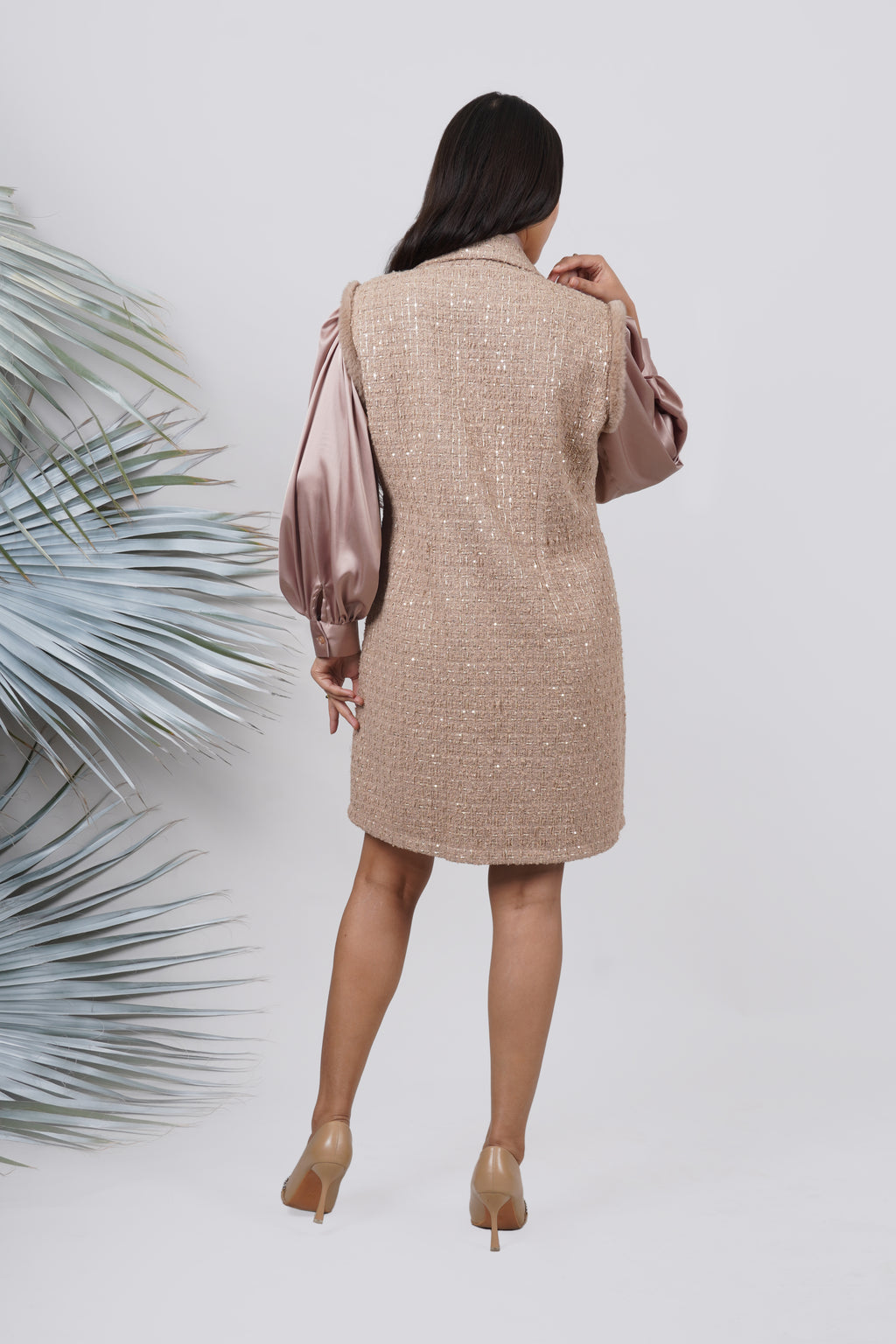 Ariya Threads Golden Beige Luxe Tweed Dress with Elegant Pearl Detailing