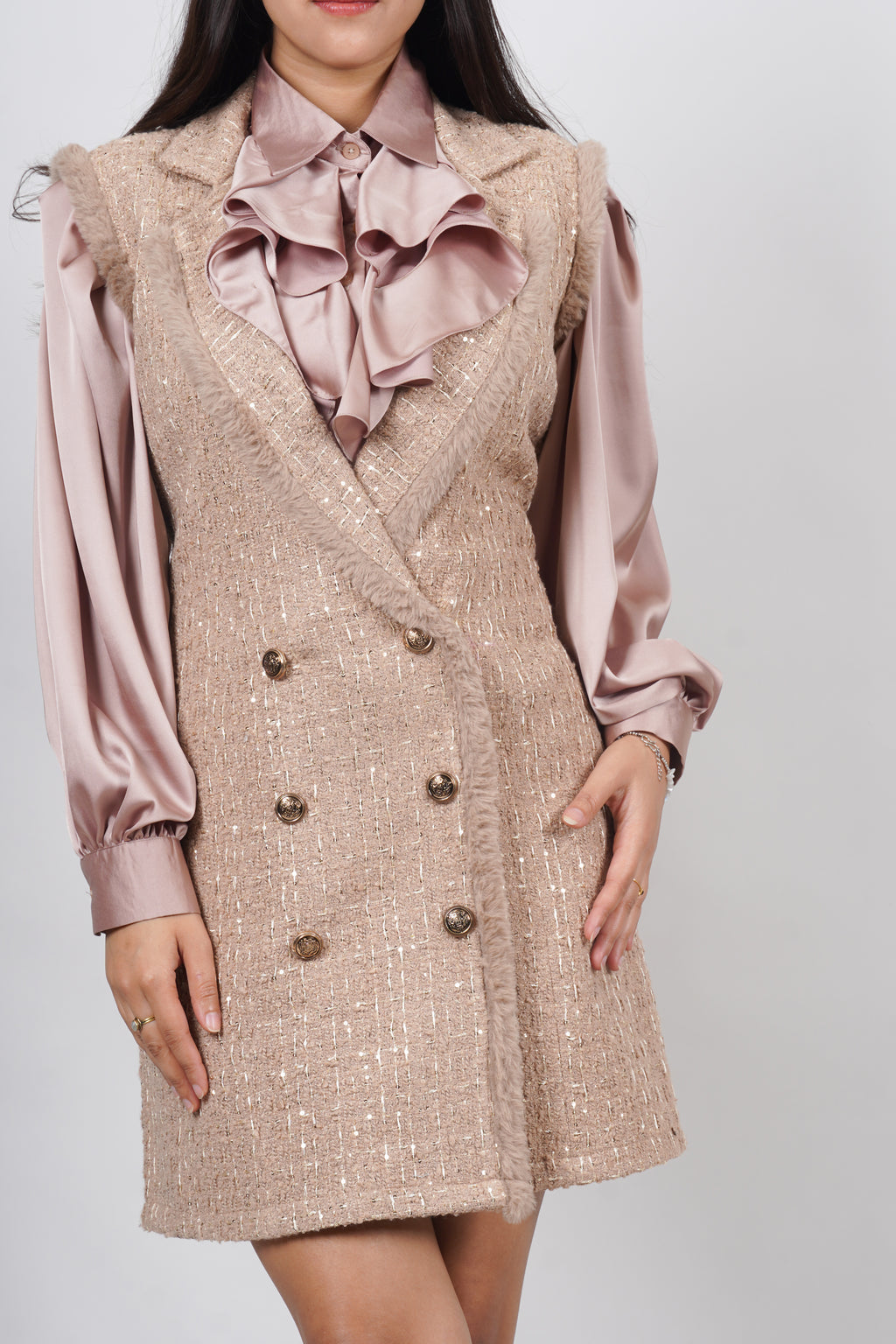 Ariya Threads Golden Beige Luxe Tweed Dress with Elegant Pearl Detailing