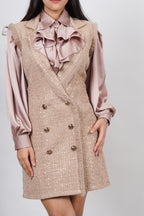 Ariya Threads Golden Beige Luxe Tweed Dress with Elegant Pearl Detailing