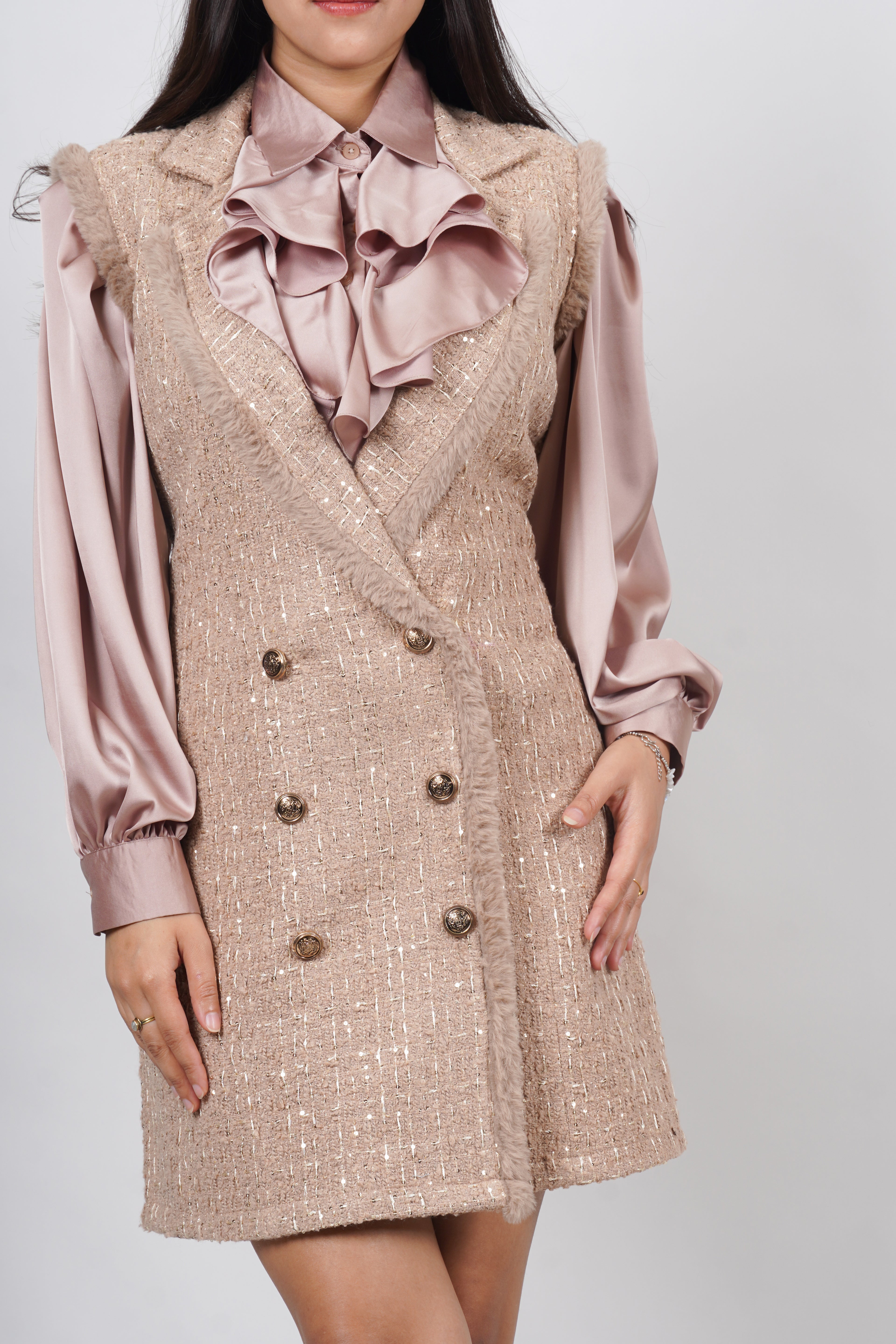 Ariya Threads Golden Beige Luxe Tweed Dress with Elegant Pearl Detailing