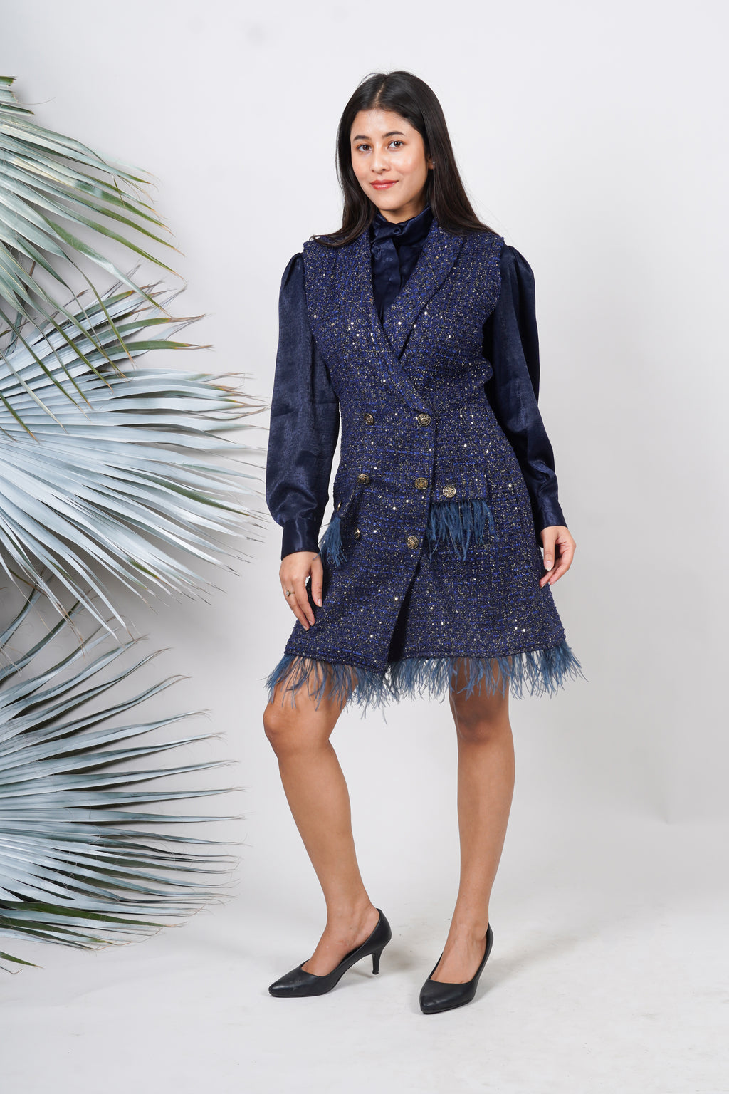 Ariya Threads Twilight Sparkle Feather Tweed Dress for Elegant Evenings