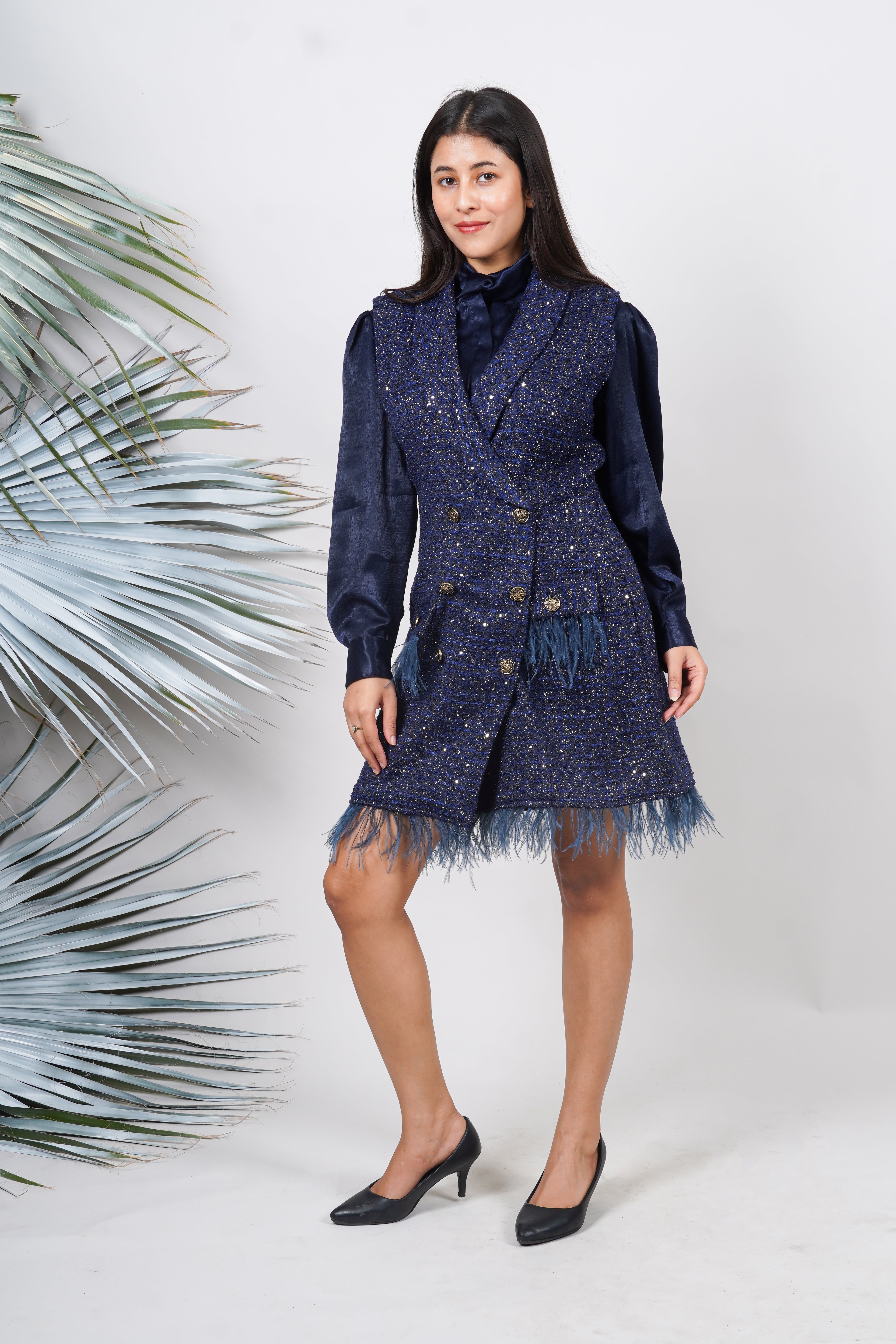 Ariya Threads Twilight Sparkle Feather Tweed Dress for Elegant Evenings