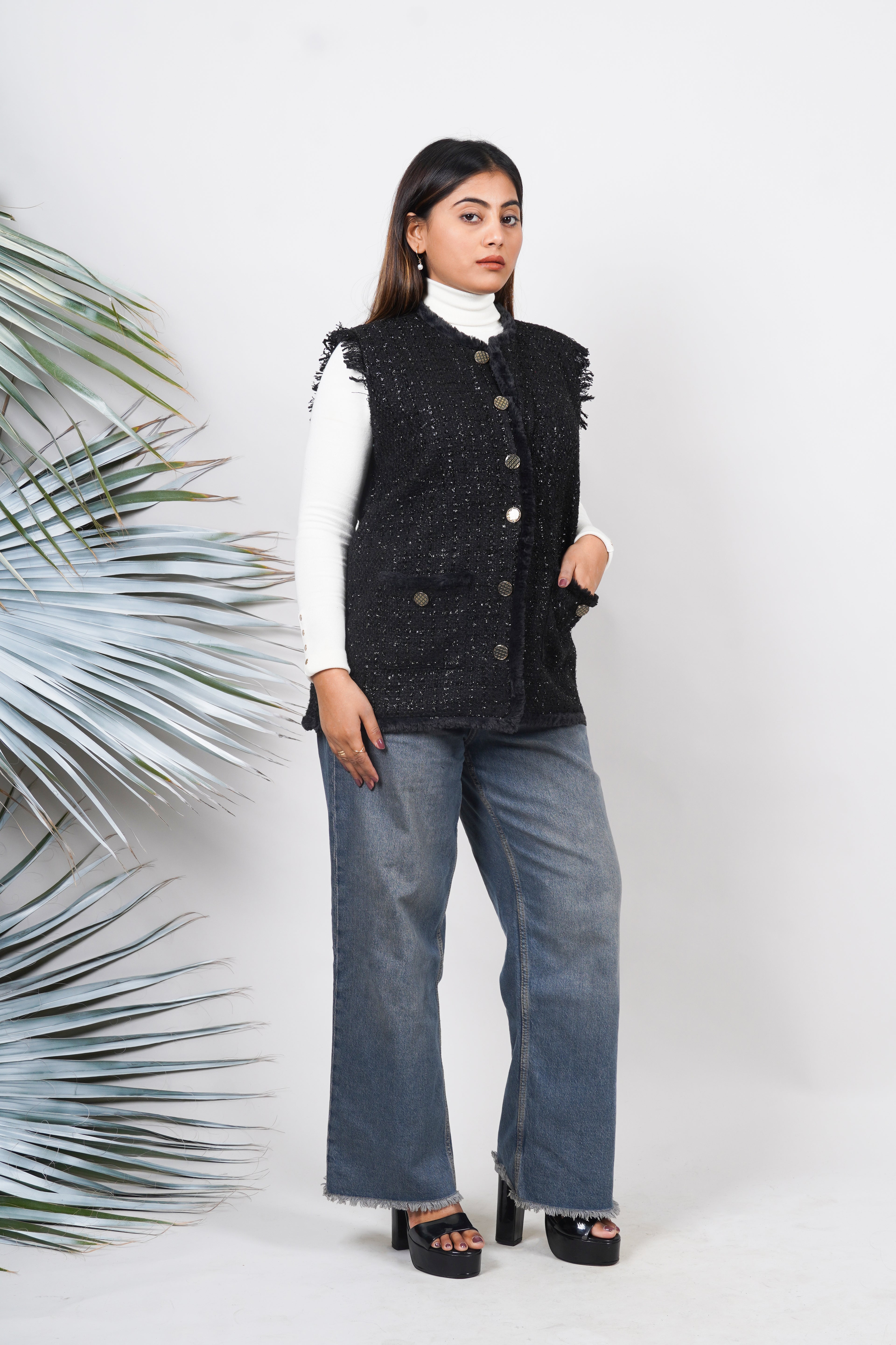 Ariya Threads Black Frost Tweed Fur Jacket – Premium Winter Wear