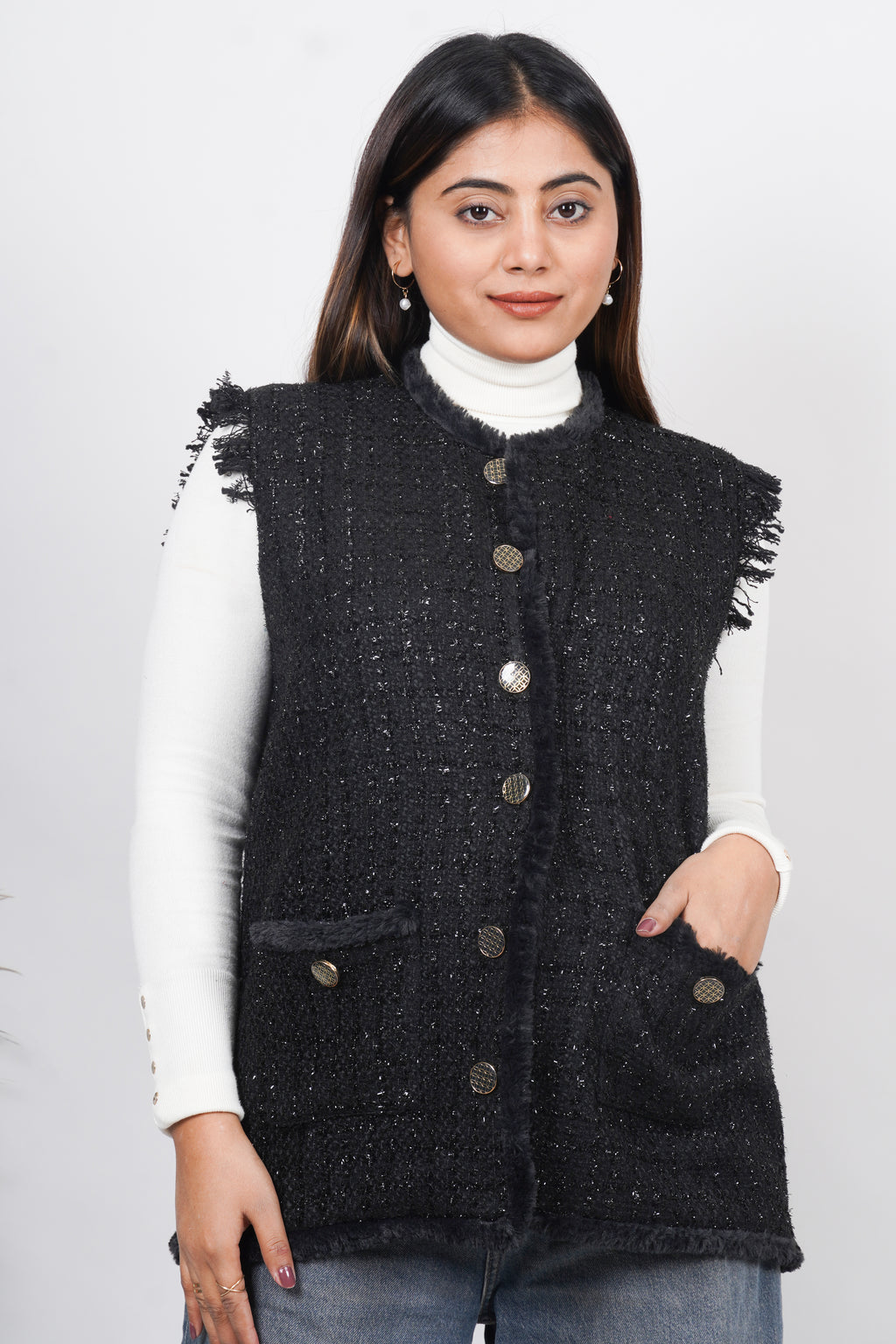 Ariya Threads Black Frost Tweed Fur Jacket – Premium Winter Wear